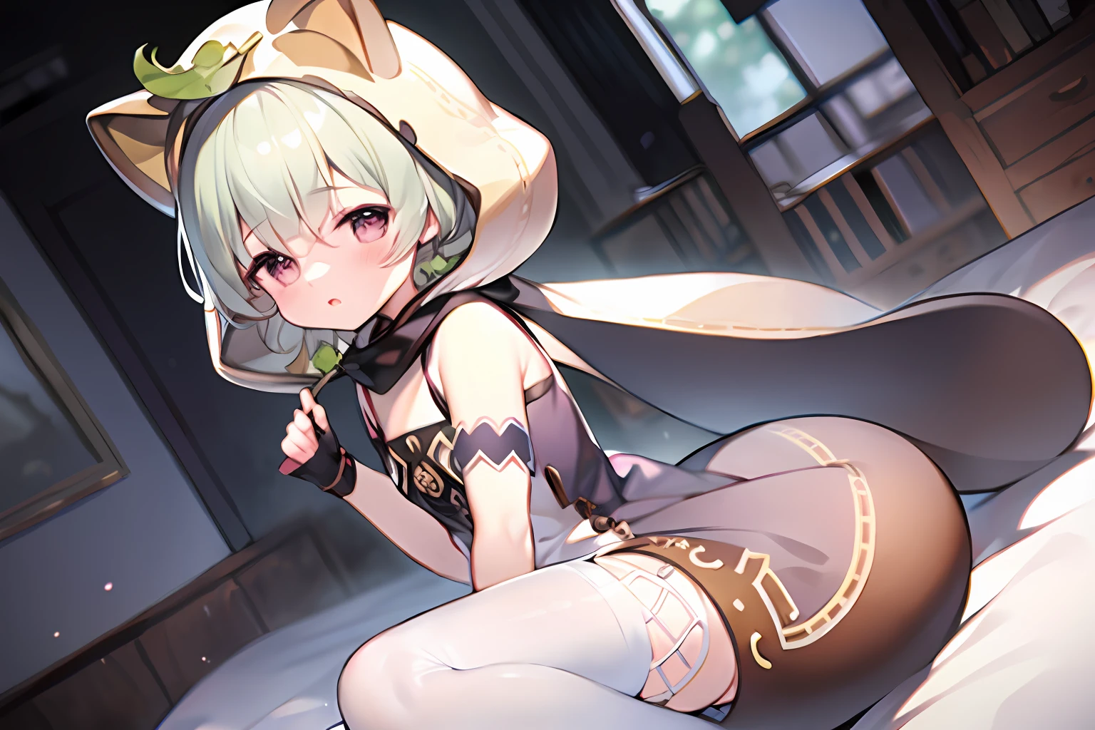 best qualtiy,(kawaii:1.1),(adolable),(A high resolution:1.2),Incredibly Ridiculous res:1.3,Incredibly Fine Illustrations,cute female ,white dresses,white stockings,Squat and sit