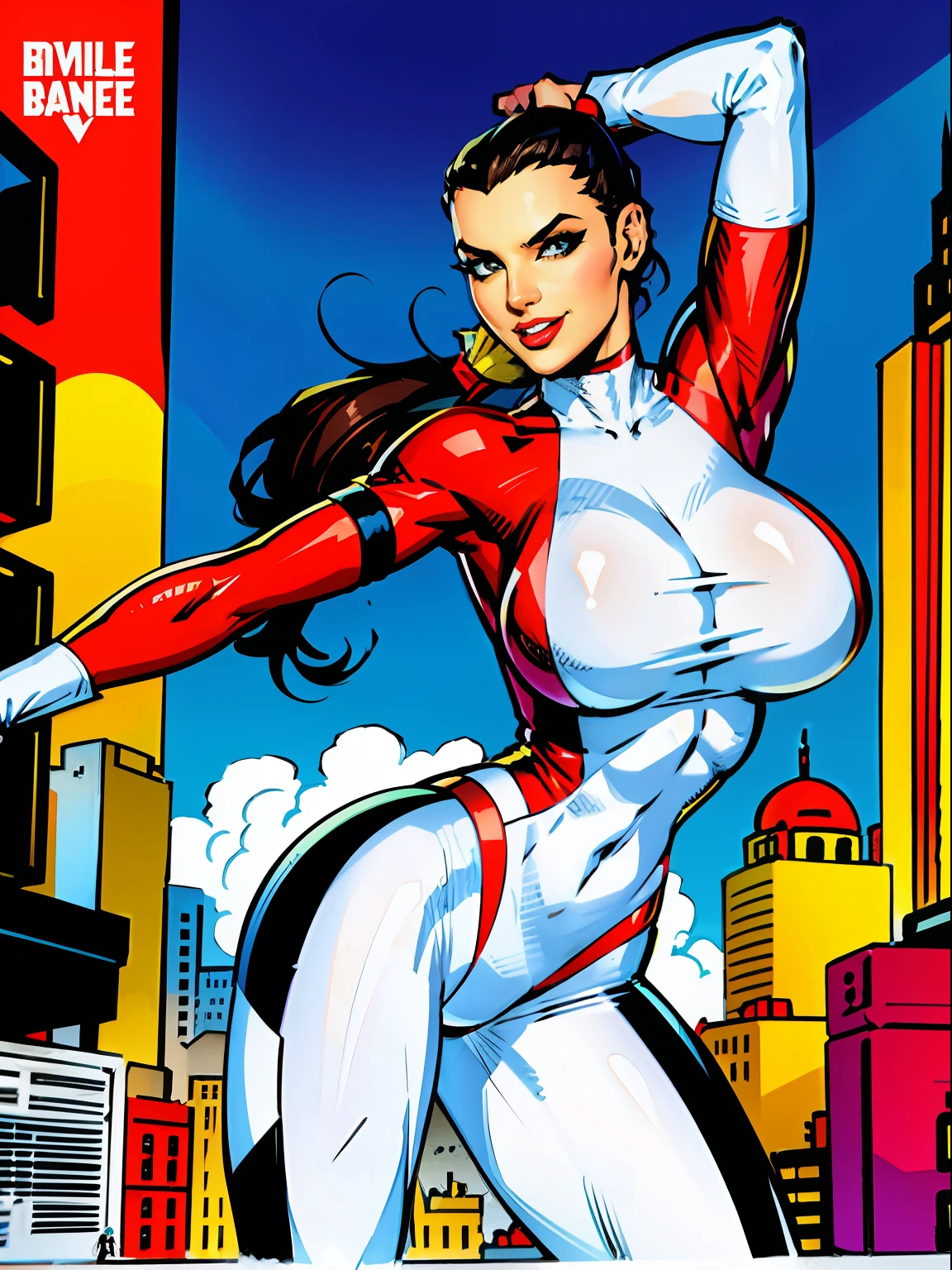 1girl, sexy pose, cheerful, posing for cameras, hands on hips, Stretcher the busty comic book woman, happy, smiling, stretching, hand on hip, long hair, huge ponytail, slim, thin, athletic, womanly, rubbery, elastic woman, white and red spandex, rubber body, brunette, ((huge breasts)), city, heroic, cheerful, (bold nose, hawkish features), (journalists in background),