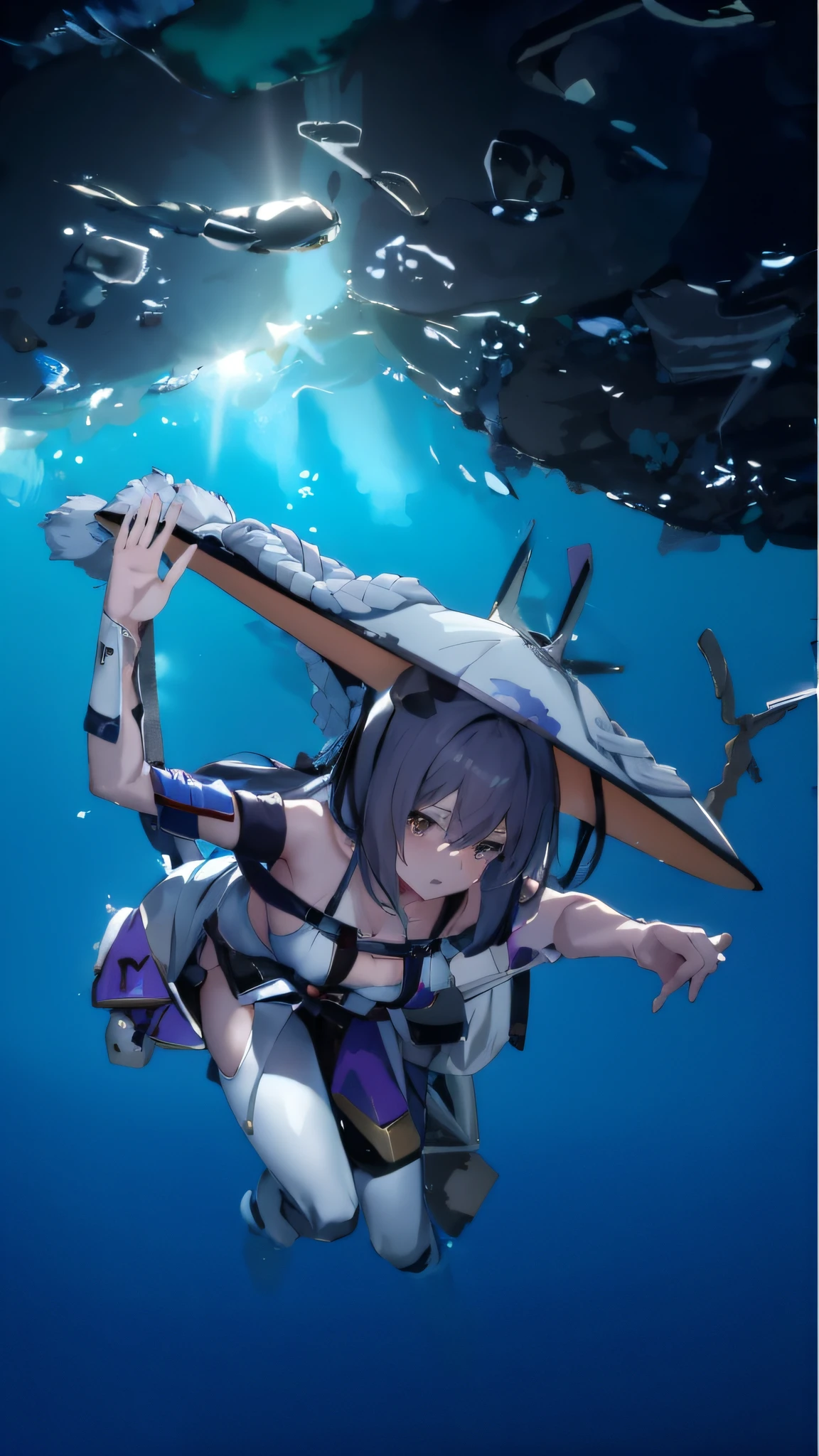 Anime girl floating on underwater surfboard in blue dress, Kantai collection style, A scene from the《azur lane》videogame, azur lane style, Best anime 4k konachan wallpaper, kancolle, 《azur lane》role, Anime girl walking on water, kantai collection arcade, style of anime4 K, Ayaka Genshin impact