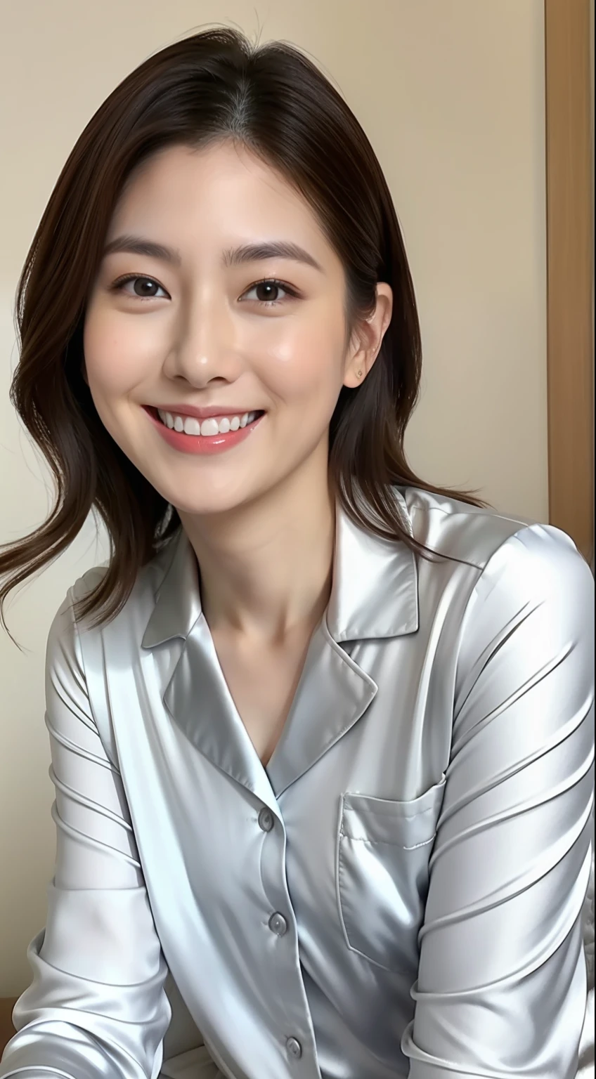 Japan woman in silver pajamas is sitting on bed and smiling,