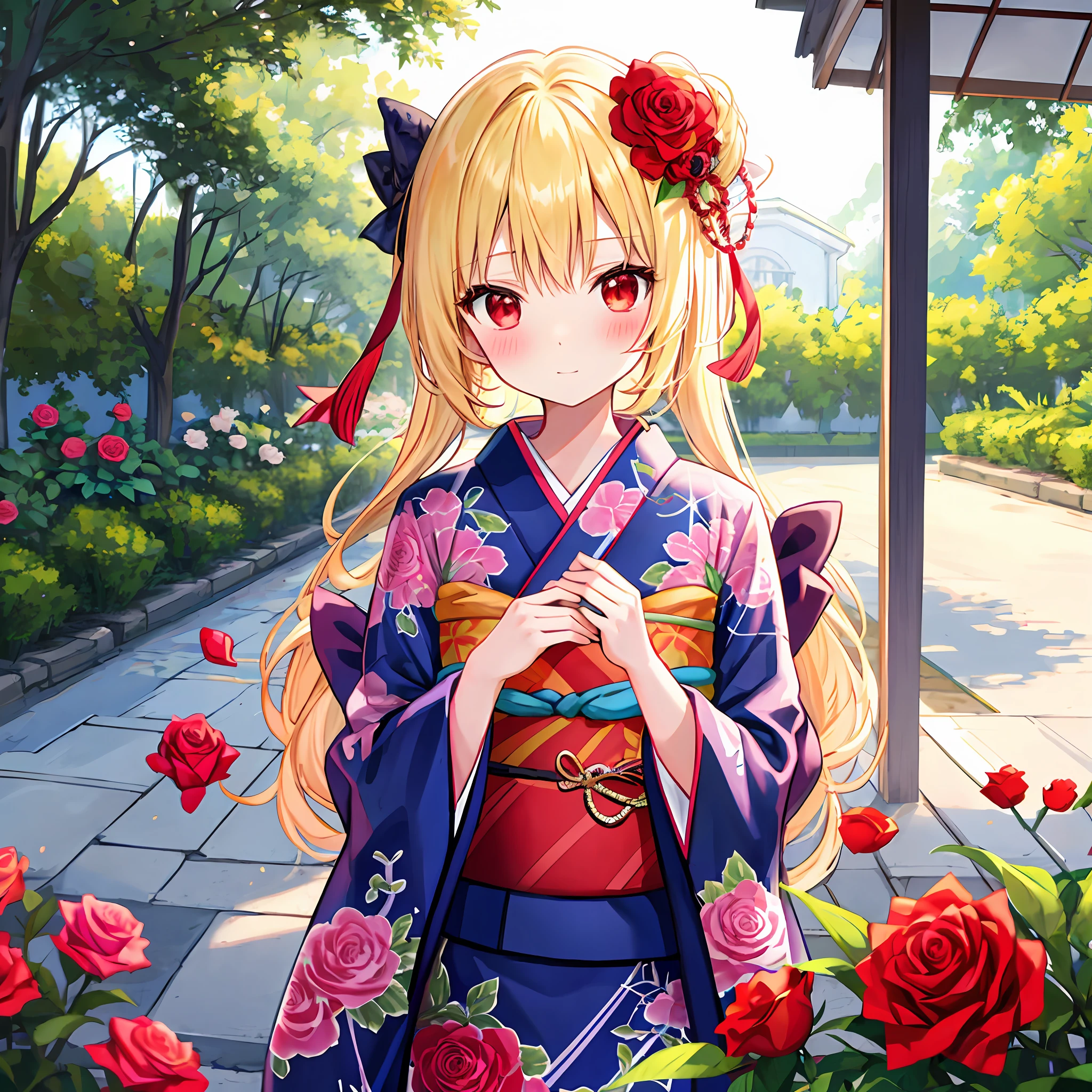 red blush、a blond、red eyes、Beautiful girl alone、animesque、独奏、Kimono、rose garden、flower field、lonely、