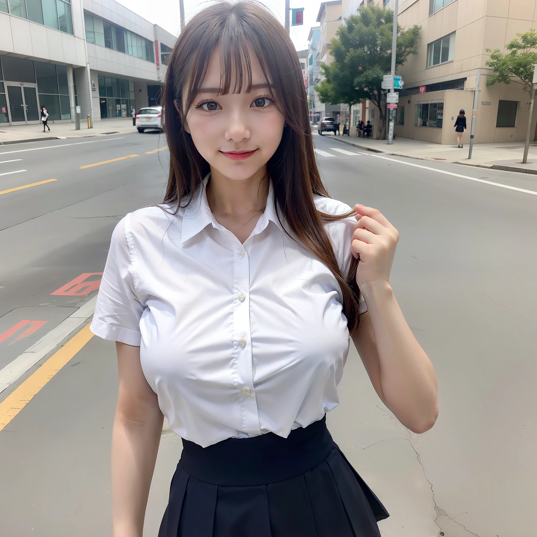 (8K、RAW Photos、top-quality、​masterpiece:1.2)、(realisitic、Photorealsitic:1.37)、(((1 girl 1.5)))、japanes、femele、A smile、In the street、Floating hair、(huge-breasted:1.1)、(The shape of the pubic area is clearly visible)、blonde  hair、high-school uniform、White blouses、Fluffy breasts、a short skirt、de pele branca