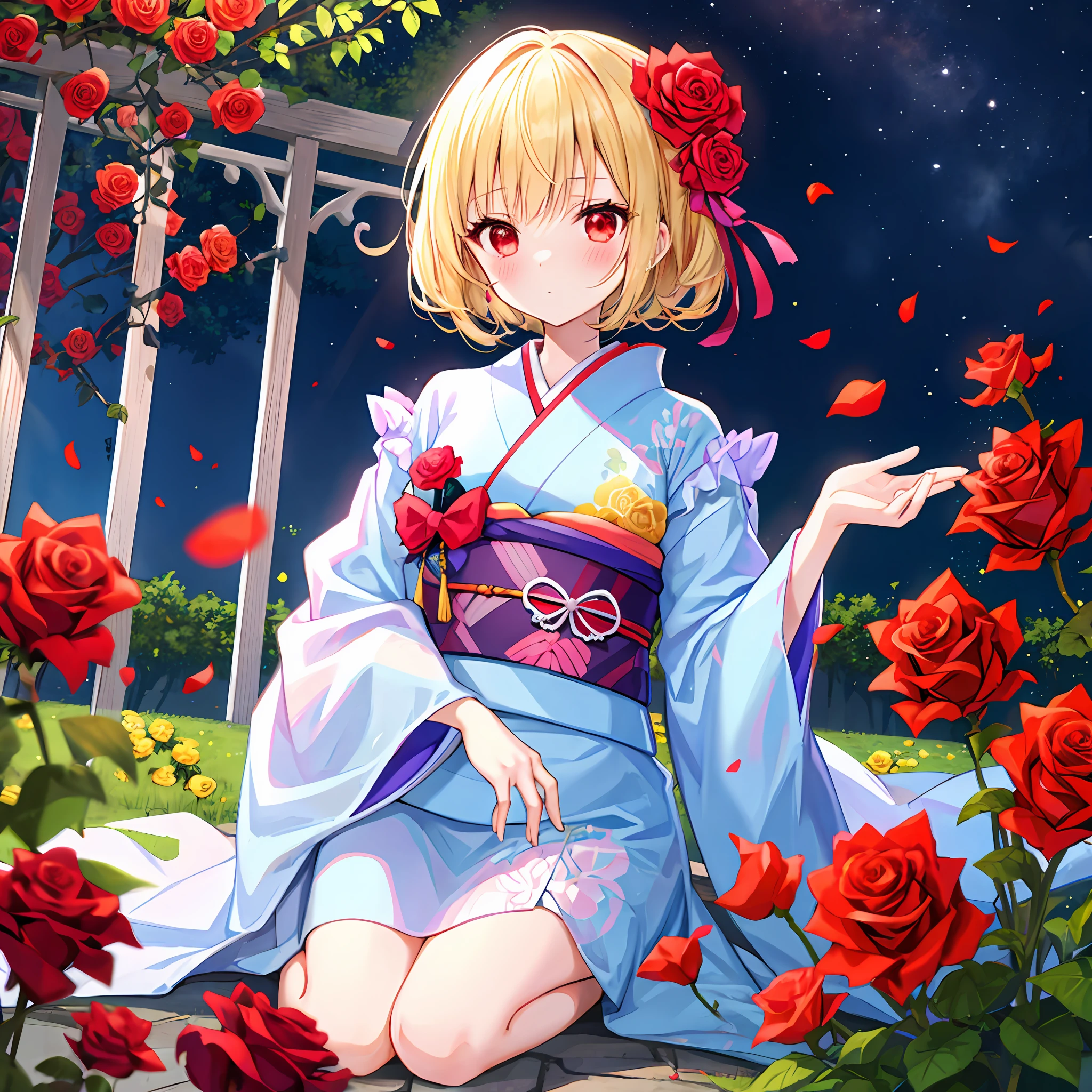 red blush、a blond、red eyes、Beautiful girl alone、animesque、独奏、Kimono、rose garden、flower  field、lonely、