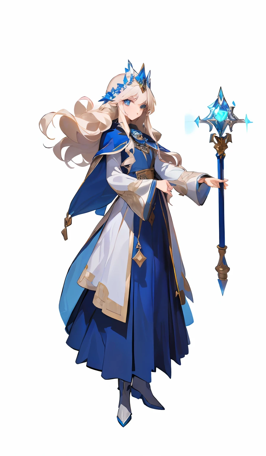 tmasterpiece, high detal, full bodyesbian, An adult female, magestic, Long platinum blonde curly hair, blue color eyes, beauitful face, Long blue dress, White sleeves, Small cape, Booties, Metal pendants, Gemstone tiara, Take the staff, looking at viewert, stand posture, Serious, tachi-e, 4K