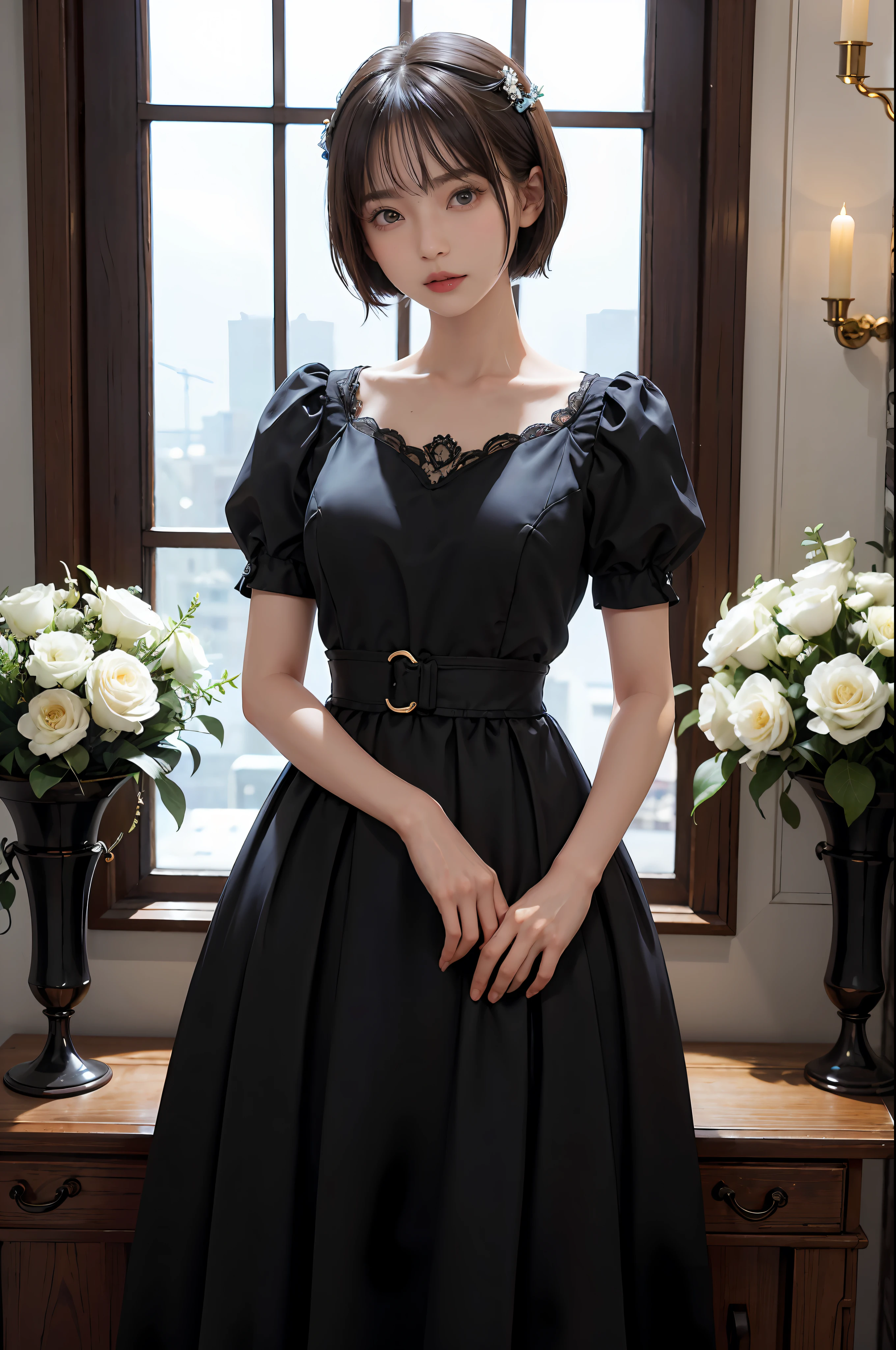masterpiece, 1 beautiful girls, (((very_Short_hair))), Eye details, Swollen eyes, Top image quality, 超A high resolution, (Realistis: 1.4), OriginalPhotographs, 1girl in, Cinematographic lighting, japanes, Asian Beauty, Korean, very beautif, Beautiful skins, Thin, (A hyper-realistic), (hight resolution), (8 K), (ighly detailed), (The best illustrations), (beautifully detailed eyes), (ultra-detailliert), A detailed face, see the beholder, Facing straight ahead, Neat Clothing, shorth hair、A dark-haired、46-point diagonal bangs、Luxury hotel interior background、flower arrangement、vases、Neat and clean, Picture frame painting