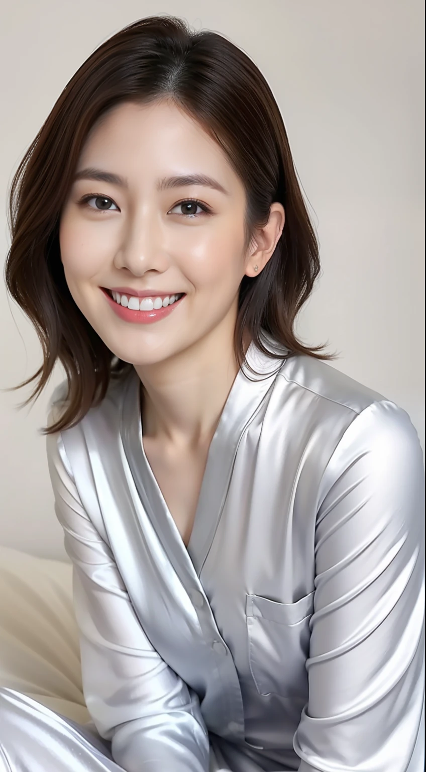 Japan woman in silver pajamas is sitting on bed and smiling,