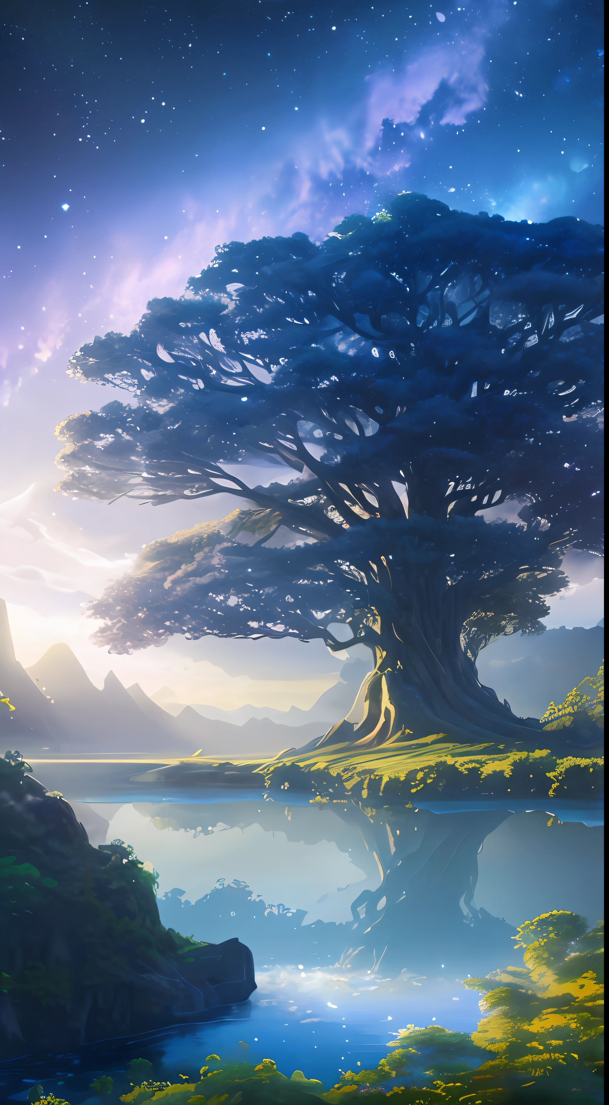 Illustration of a hyperrealistic , otherworldly, ultrasky scene featuring a giant crystal tree full body,very detailed and magical lighting, intricate forest details, vegetation and river around, solarpunk ,landscape, giant tree, beatifull leafy with beautiful lighting and realistic proportions, as if it were a cinematic background, 8k, highest quality, masterpiece, clouds and stars in the sky.