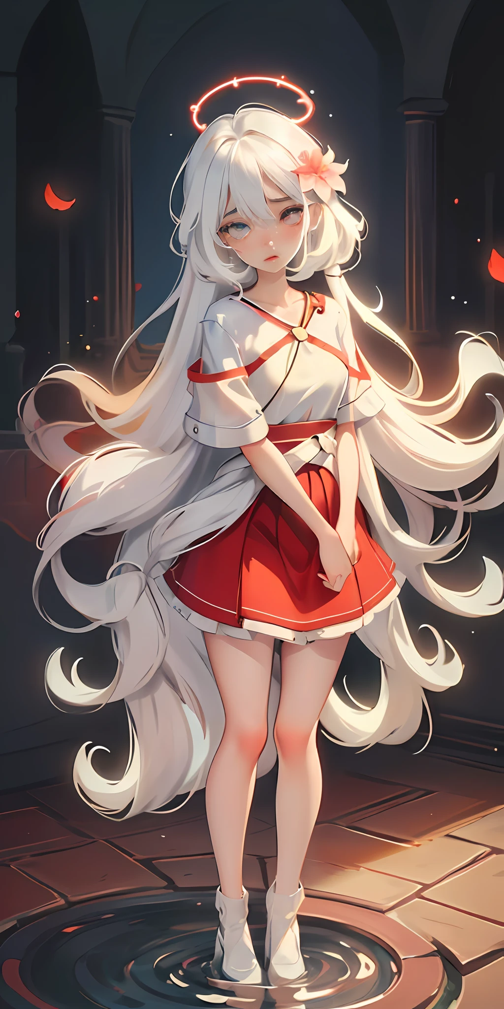 Close-up, (beautiful girl), garlic, flower, (beautiful girl), delicate facial features, detailed portrayal of the corners of the eyes, bust photo, moist lips, sad eyes, long white hair, smooth and delicate skin, ((red clothes)), red long skirt, open thighs, brilliant and colorful, fantasy art, mysticism, dream scenes, dreams, dream lights, temptation, psychedelic, misty halo, (((night))), ((night)), river bank, full of flowers on the other side, dreamy, flying red tiny petals, Red fluorescent petals, fluorescent flowers, fluorescent flowing water, standing in water, shallow water, master works, extreme detail, dissection correctly, correct limbs, accurate, hud, HD, exquisite details, 8K, red light