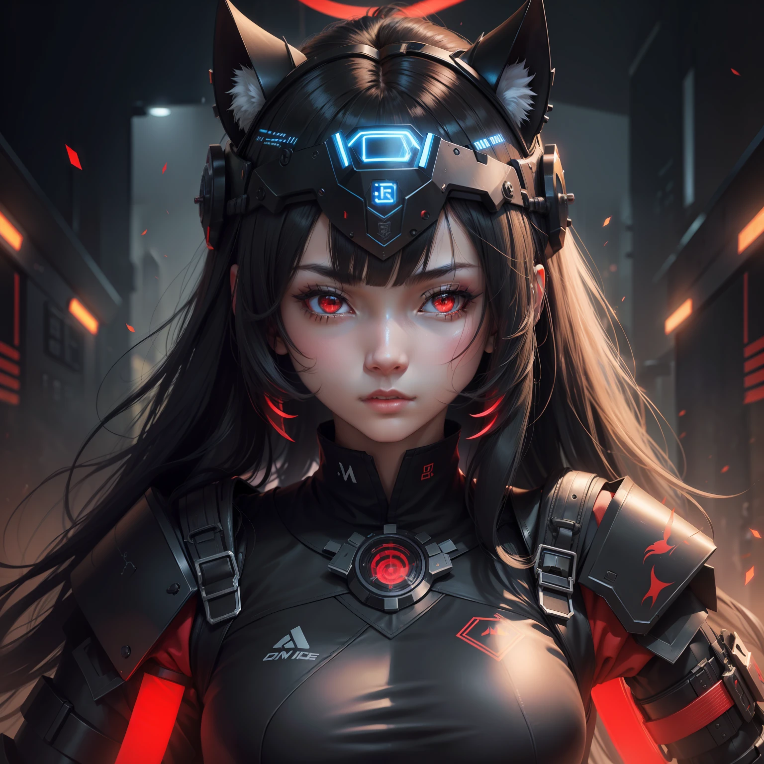 one-girl,red eyes,Black Themes,城市,glowing light eyes,独奏,suzerain,natta,best qualtiy,highly detailed,ultra - detailed,tmasterpiece,8k 壁纸,Bad anatomy,A high resolution,super fine illustrations,Game CG,(rays of black light:1), Command spells,,mechanicalparts,robotjoints,head gear,masks