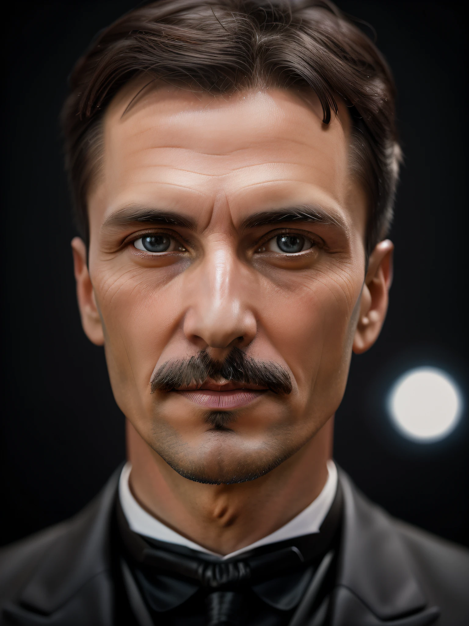 A medium shot of Nikola Tesla looking into the camera, realistic details, photo taken with a Nikon D850, perfectly lit, a shallow depth of field