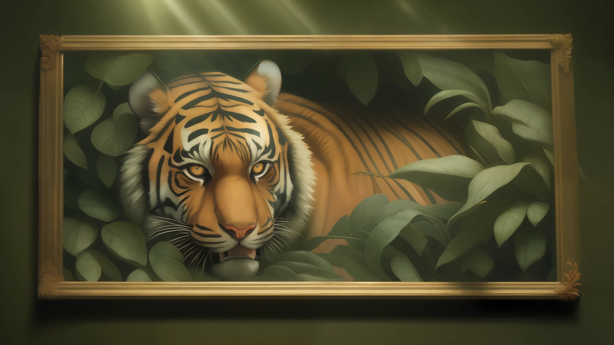 Tiger hiding in the bushes, classical art painting by Gustave Courbet in the style of Sir Lawrence Alma-Tadema, lit by bright sunlight