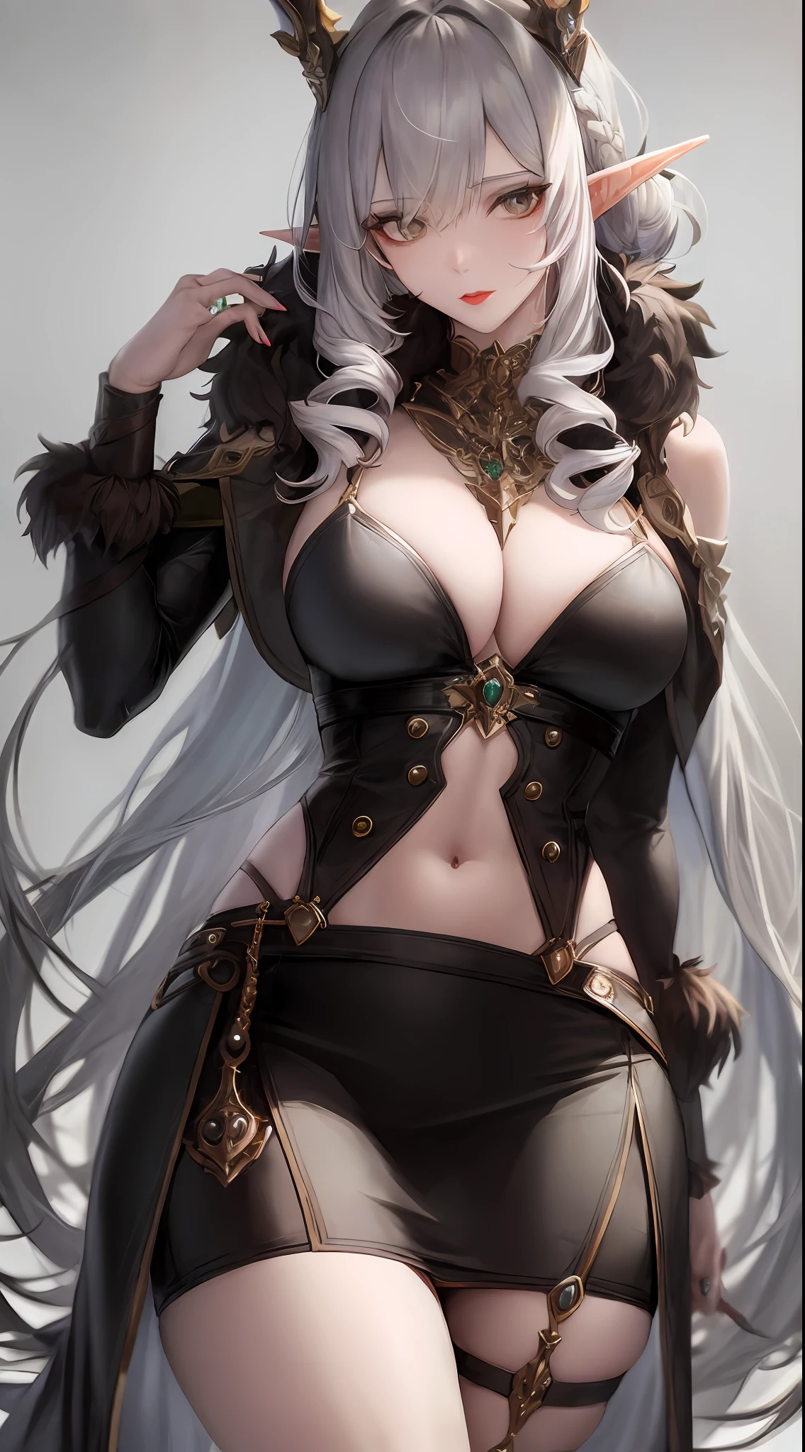 1 Elf Queen,pencil skirts,Mature lady, Redlip,fur,Elf long ears, Extremely detailed,Silver hair, Colored hair,Comb your hair in a bun,view the viewer(Masterpiece, Best quality:1.2)