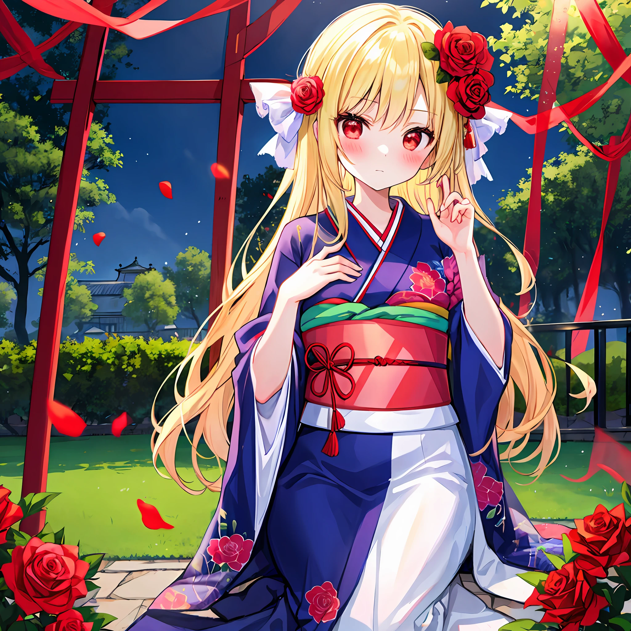 red blush、a blond、red eyes、Beautiful girl alone、animesque、独奏、Kimono、rose garden、flower field、lonely、