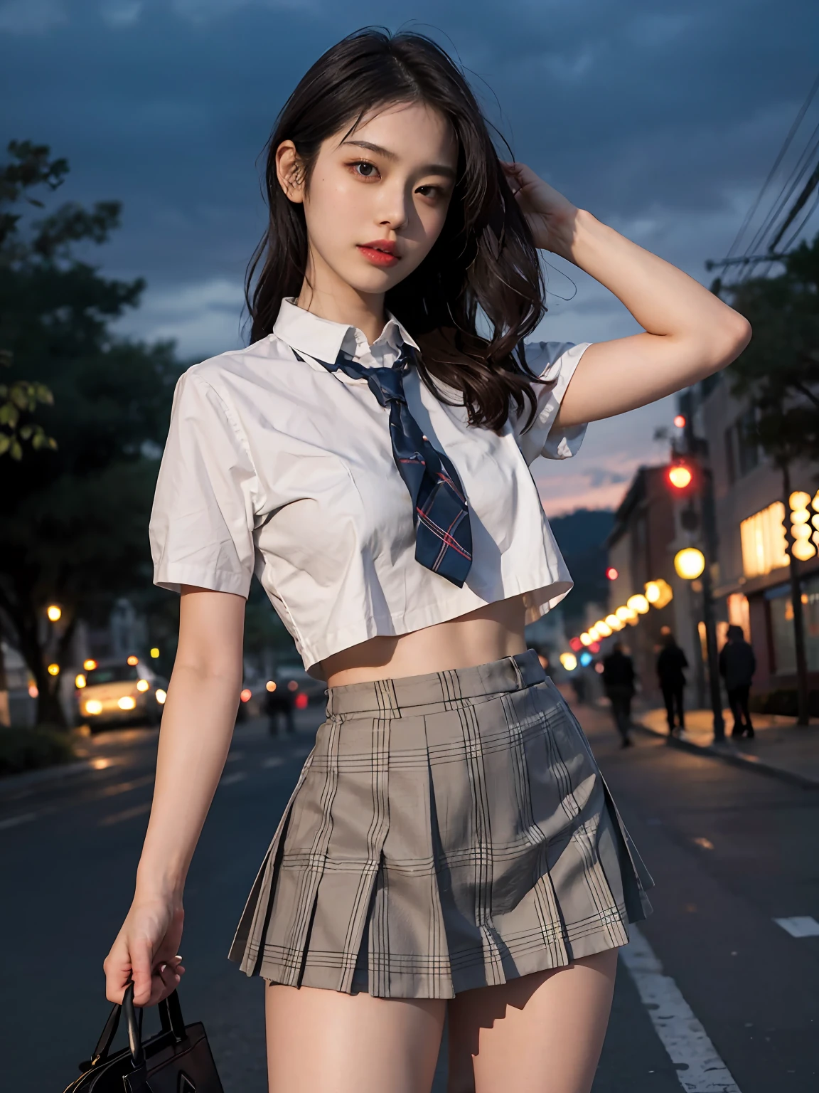 Best quality, Masterpiece, 超高分辨率, (Photorealistic:1.4), RAW photo, (Perfect body shape), (Slim:1.2), Dynamic pose, 1girll, (complete figure:0.9), Solo, Big breasts, Sagging breasts, school uniform, Plaid mini skirt, In the dark, Night, On the street, deepshadow, low tune, Cold light 12000K