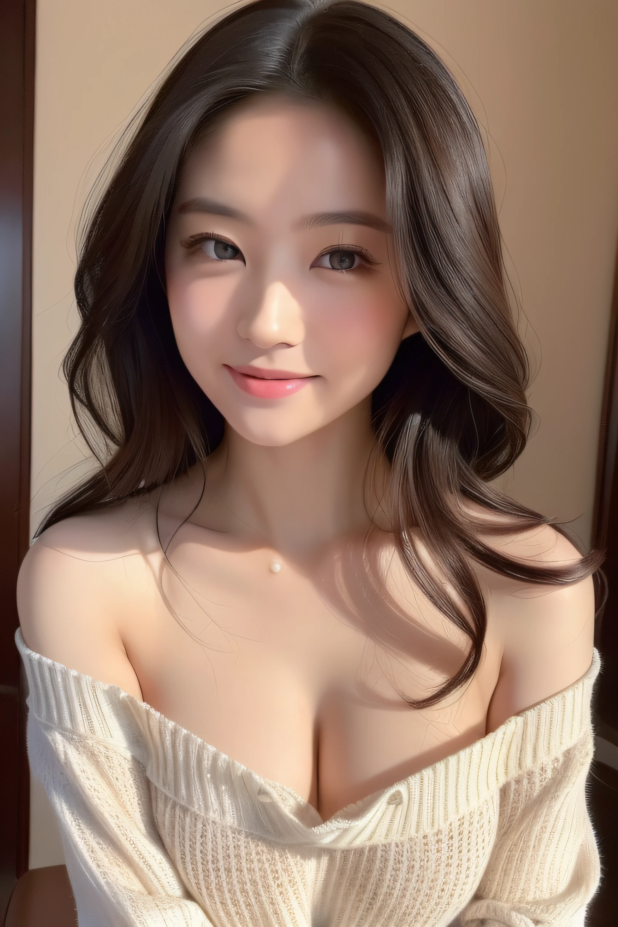 ((best qualtiy, 8K, tmasterpiece:1.3)), Sharp:1.2, perfect figure beautiful woman:1.4, huge tit:1.35。Huge cleavage, ((Layered Hair Style, :1.,3)),(cropped shoulders:1.2), (Sexy sweater:1.2),(inside in room:1.2),Smooth skin:1.5,Highly detailed facial and skin texture,A detailed eye,二重まぶた,Look at the camera head-on,seductiv,Mischievous,ssmile