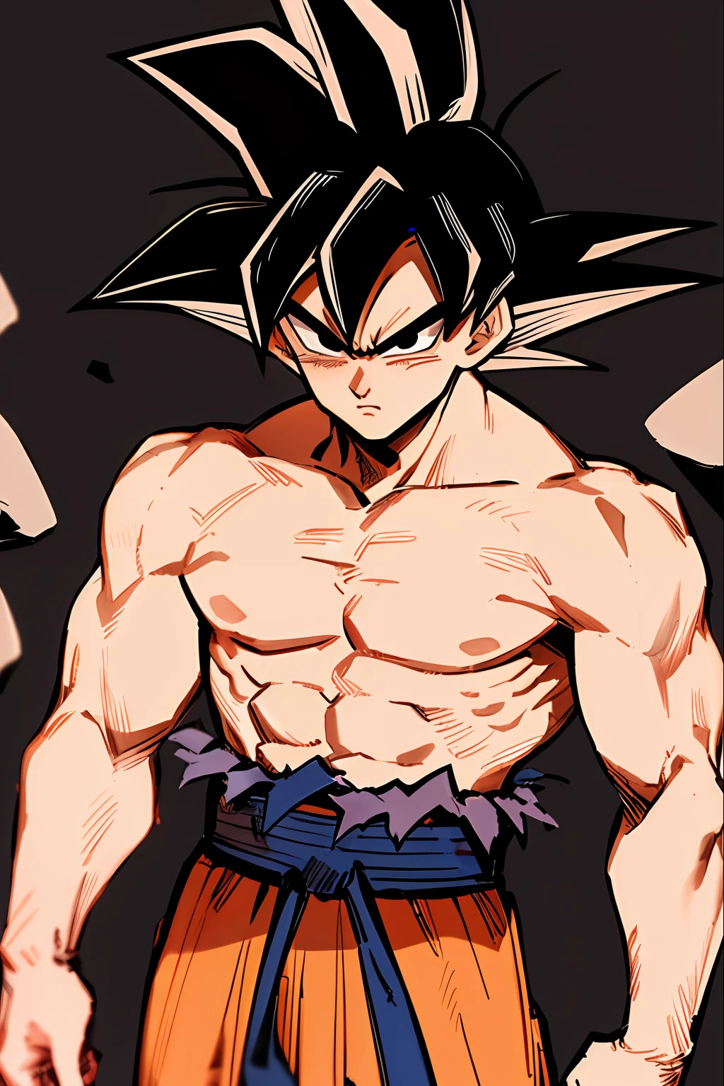 son goku, 1boy, closed mouth, male focus, muscular, muscular male, rock, sash, serious, solo, spiked hair, topless male, torn clothes, ultra instinct, black eyes, black hair, ((masterpiece))