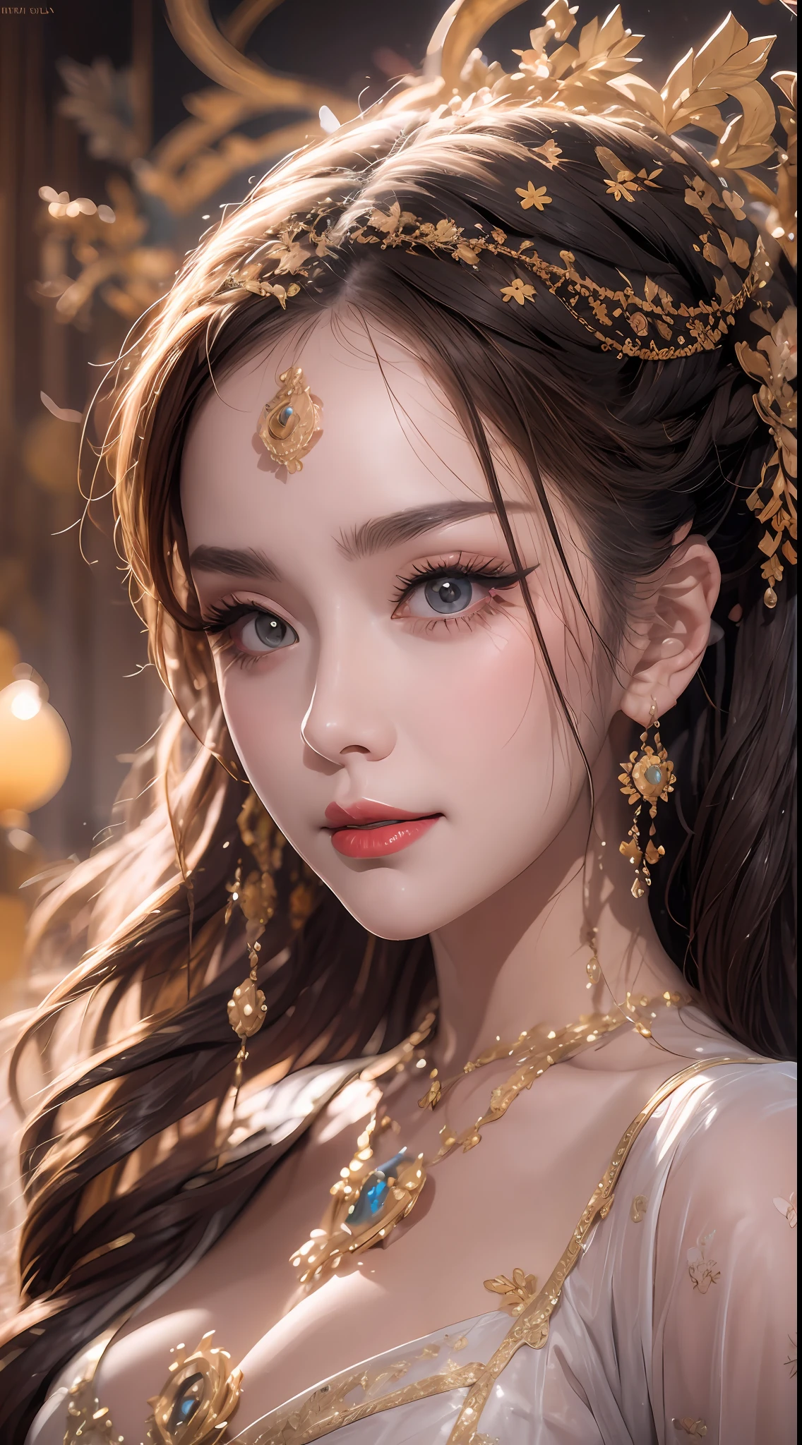 Portrait of a 27-year-old saint,Charming adult saint in a long dress made of thin silk, beautiful saint with an old face, adult, wearing a thin multicolored silk dress, beautiful face without blemishes, (((Natural smile:1.0))), ((flat bangs:0.5)), (((platinum long hair:0.5))), big crown, hair brooch, hanfu dress, chinese ancient style, full body jewelry, forehead tattoo, super even chest, face, innocent face, The most beautiful and detailed light red lipstick, ((Thin plump lips:0.3)), ((Golden Eyes color:0.6)), Detailed and delicate lighting effects, light and dark, dramatic lighting, magical light, extremely detailed light, true color, super sharp, realistic, 8k quality, fantasy universe background, saints and magical space, the most detailed images, ((Solo:0.3)), ((a saintess:0.6)), ((looking directly at the saint's upper body:0.4)), ((smooth skin:0.5)), ((the holy woman's veil:0.6)), ((solo:0.5)), ((alone girl:0.4)),