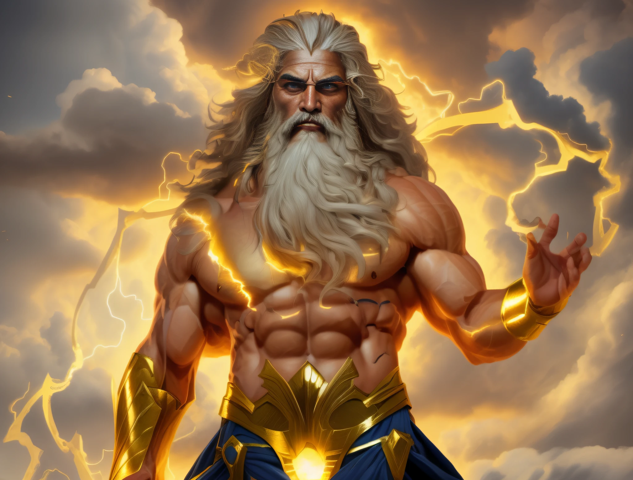 um close up de um homem com barba e um raio, Furioso Deus Zeus, O Deus Zeus, epic scene of zeus, the god of thunder, Retrato pintado de Zeus acidentado, god of thunder, O Deus Poseidon, epic fantasy character art, Retrato Zeus, epic character art, forte e imponente, muscular character, Retrato de Zeus acidentado