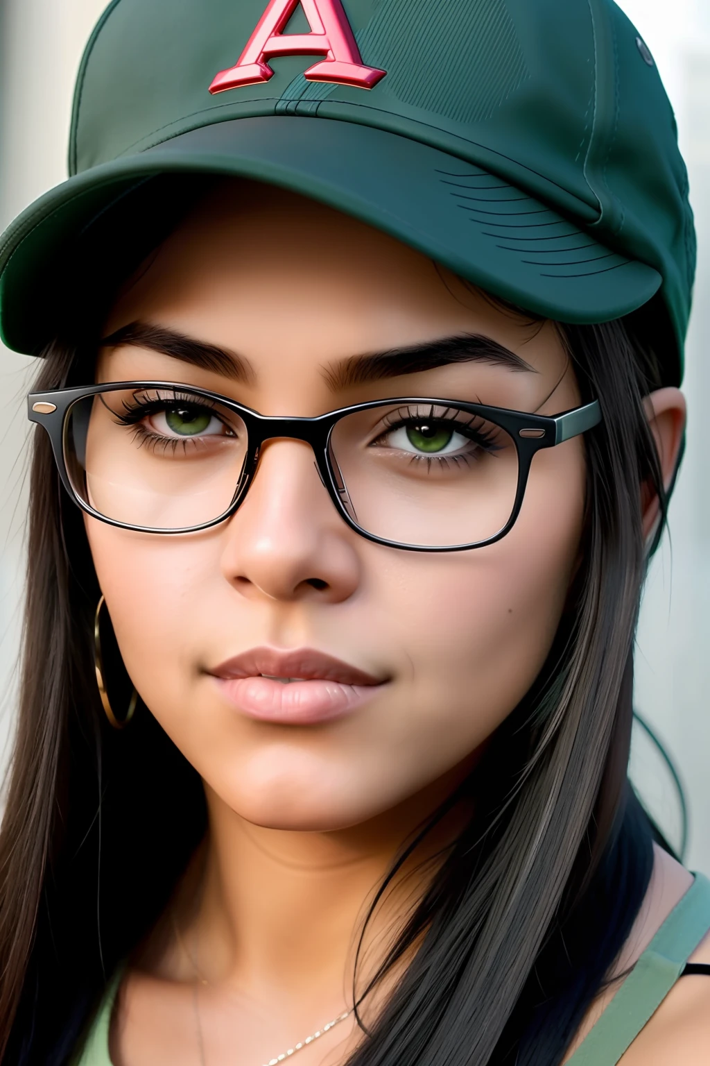 there is a latina woman with glasses and a baseball cap, an edgy teen assassin, diesel punk female, black hair, brown skin, green eyes, thick eyebrows, sly expression, close up half body shot, character close up,