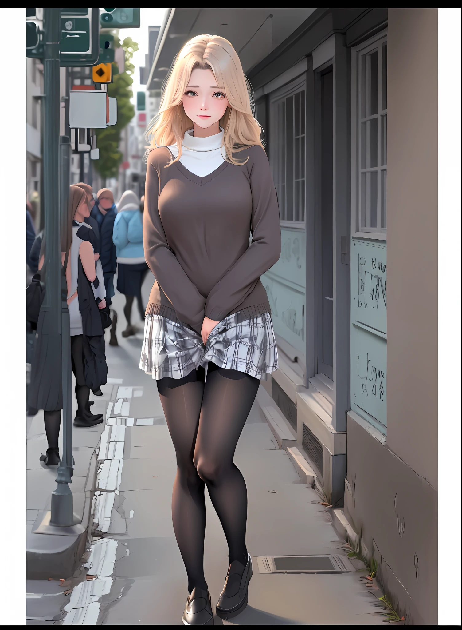 There was a woman in a skirt and sweater walking down the sidewalk, pantyhose tights, nylon tights, Tights, Tights, transparent gray skirts, thighhighs and skirt, Tights; On the street, mini-skirts, Pantyhose, tights skin, wearing skirt and high socks, wearing dresses, Short skirt, legs visible, beautifullegs, beautiful short skirt,