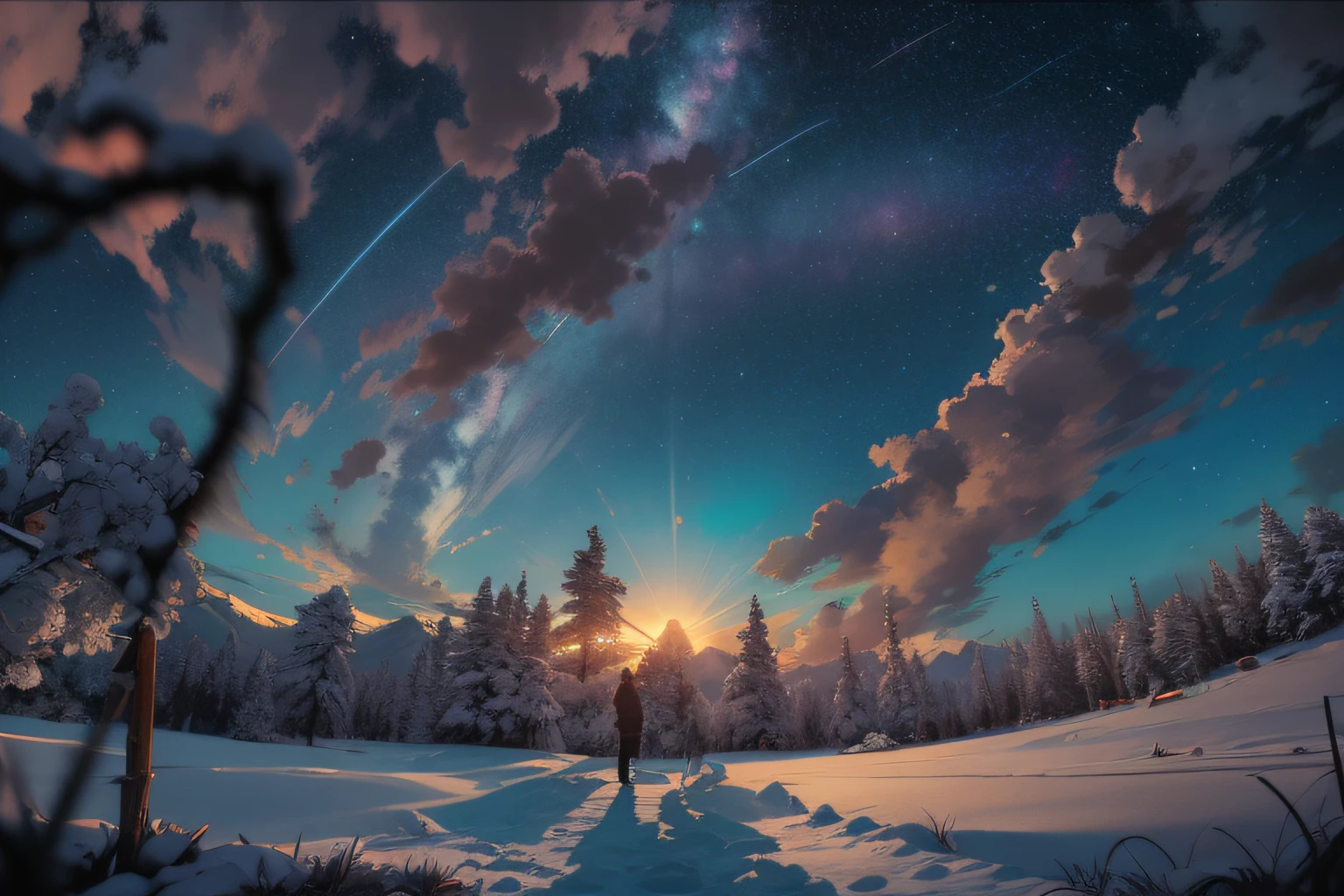 Expansive landscape photograph，（look from down，Sky and wilderness below），Had a beautiful sunset，Lakes and trees in the background，stunning skies，surreal sky，，beautiful sky，，Amazing sky，tmasterpiece， best qualtiy， ultra - detailed， illustratio， A couple， exteriors， late， mont， naturey， As estrelas， themoon， bonfires， tenten，cheerfulness， backpacks， sleeping bag， Camping stove， water bottel， Mountain shoes， mitts， Sweaters， Hats， flashlights， ln the forest， Rochas， flod， wood， smog， shadowing， to contrast， sunny clear sky， constellation， galactic， peace， peacful， A tranquil， peacful， Remote， secluded， adventuring， exploring， escape， independence， survive， Resourceful， challenge， perseverance， endurance， endurance， Observations， intuition， Adaptability， creativity， imagination， artistry， inspiration， big breasts beautiful， in awe， miracle， thanksgiving， Admiring， unwind， enjoying， renaissance， Mindfulness， consciousness， connections， and harmonious， balancing， textur， the detail， hentail realism， Depth-of-fie， ssee-through， The composition， colours， optic， shadowing， Reflectors， refractions， shades， to contrast， foreground， Middle ground， Background with， naturalistic， simile， Figurative，Impresionismo，expressionistic，abstracted，innovative，experiment，distinctive，cinematic ligh，A high resolution、Super meticulous、analogue photography、vivd colour、soft focus、light  leaks、large swaths of color、abstract expressionism、Bold shades、emotional impact、atmosphere depth、black color hair，1 man and 1 woman looking up at the mountains ahead，ventania，grassy fields，A few small flowers，clear lakes，large clouds，blue-sky，snow mountains，A grand spectacle，Ultra vision，high qulity，Fine picture quality，High detail RAW painting，intricately details，finely detailled，hyper-detailing，Ray traching，Atey Ghailan，Jeremy Mann，Greg Manchess，Antonio Moro，Trends on Artstation，Trends on CGSociety，iintricate，high detal，Clear focus，dramatic，Realistic painting art，by Midjourney and Greg Rukowski，Background bokeh，hyper-detailing，cinematic ligh，ultra-realistic realism，the soft light，Deep field focus bokeh，The vista in the distance is snow-capped mountains，Ray tracing and surrealism。