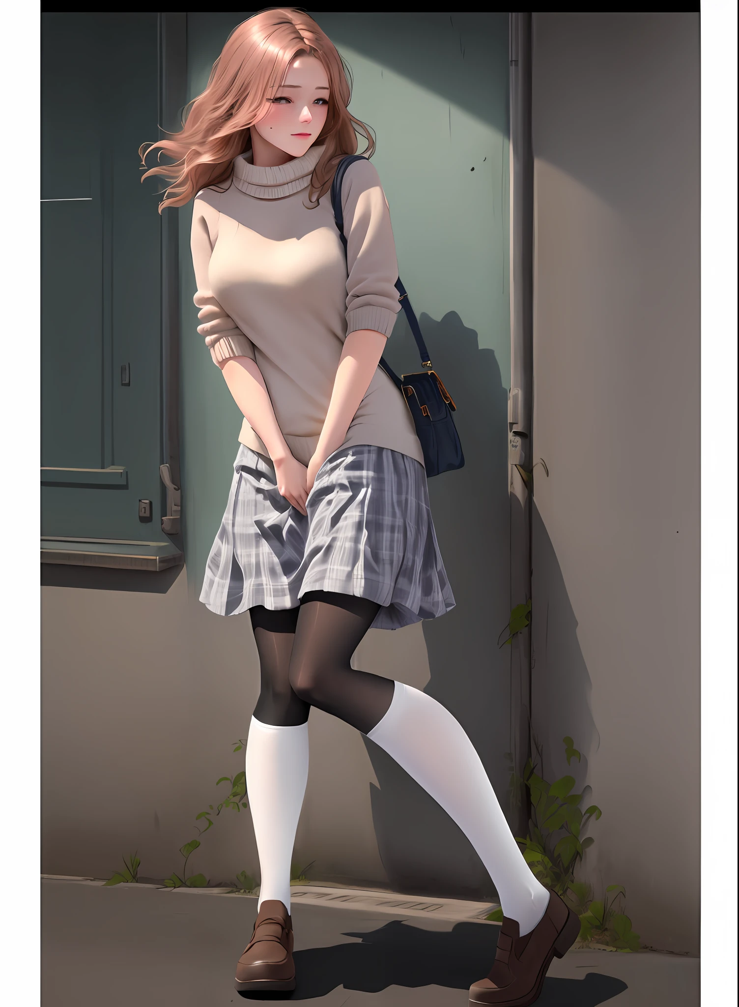 There was a woman in a skirt and sweater walking down the sidewalk, pantyhose tights, nylon tights, Tights, Tights, transparent gray skirts, thighhighs and skirt, Tights; On the street, mini-skirts, Pantyhose, tights skin, wearing skirt and high socks, wearing dresses, Short skirt, legs visible, beautifullegs, beautiful short skirt，