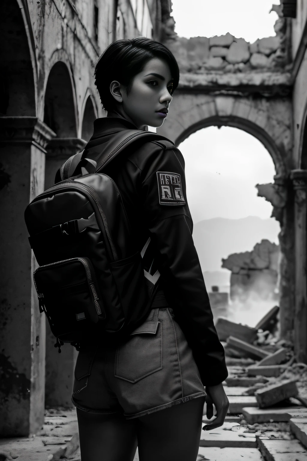 RAW photo, black andwhite,short detailed hair,Capable face,hyper realisitc,Combat uniforms with stains,cyber punk perssonage,The girl was carrying an oversized backpack,Standing in the ruins,8K UHD, High quality, filmgrain, Fujifilm XT3