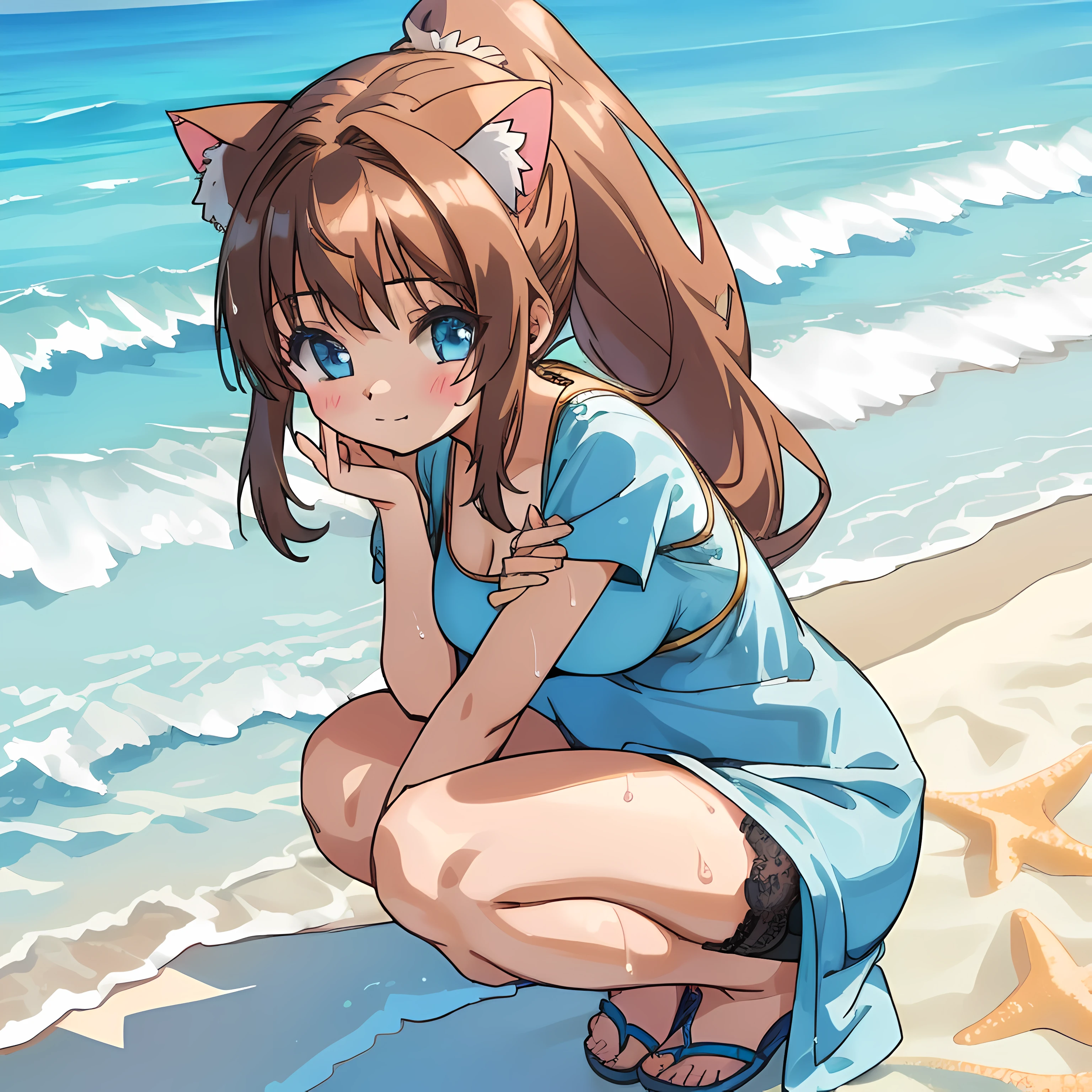 (Highly detailed CG Unity 8k wallpaper), (Best Quality), (Super Detail), (Best Illustration), (Best Shadow), POV, Realistic lighting and shading, Natural light, Lens flare effect, BREAK, 1 beautiful girl, Solo,(Cute:1.5),(Chibi:0.8), (kawaii:1.5),(Lori:0.5), BREAK, ( (17 years old girl), Very detailed, colourfull, highest details, BREAK, (Huge breasts: 1. 2,), Clear skin, Beautiful skin, Shy skin, 1 beautiful girl, Brown hair, (Cat ears, Ponytail, medium-Long hair: 1. 2), (Light blue eyes, long eyelashes, Double eyelids: 1. 2), Solo, gleaming skin, BREAK,(Wet Casual Beachwear:1.2), (lightweight summer one-piece dress:1.2), (a straw fedora hat:1.0), (flipflops:1.0), (star-shaped earring:1.1), (Lace headband:1.0), (Cute Accessories:1.3), (A motherly smile,Waving both hands:1.1), (Casual pose, Squatting,legs wide open,The man's muscle is visible,You can see the black lace panties that are wet:1.3), (Beach background:1.3), (Holding a large float with both arms:1.1), BREAK,🌇,
