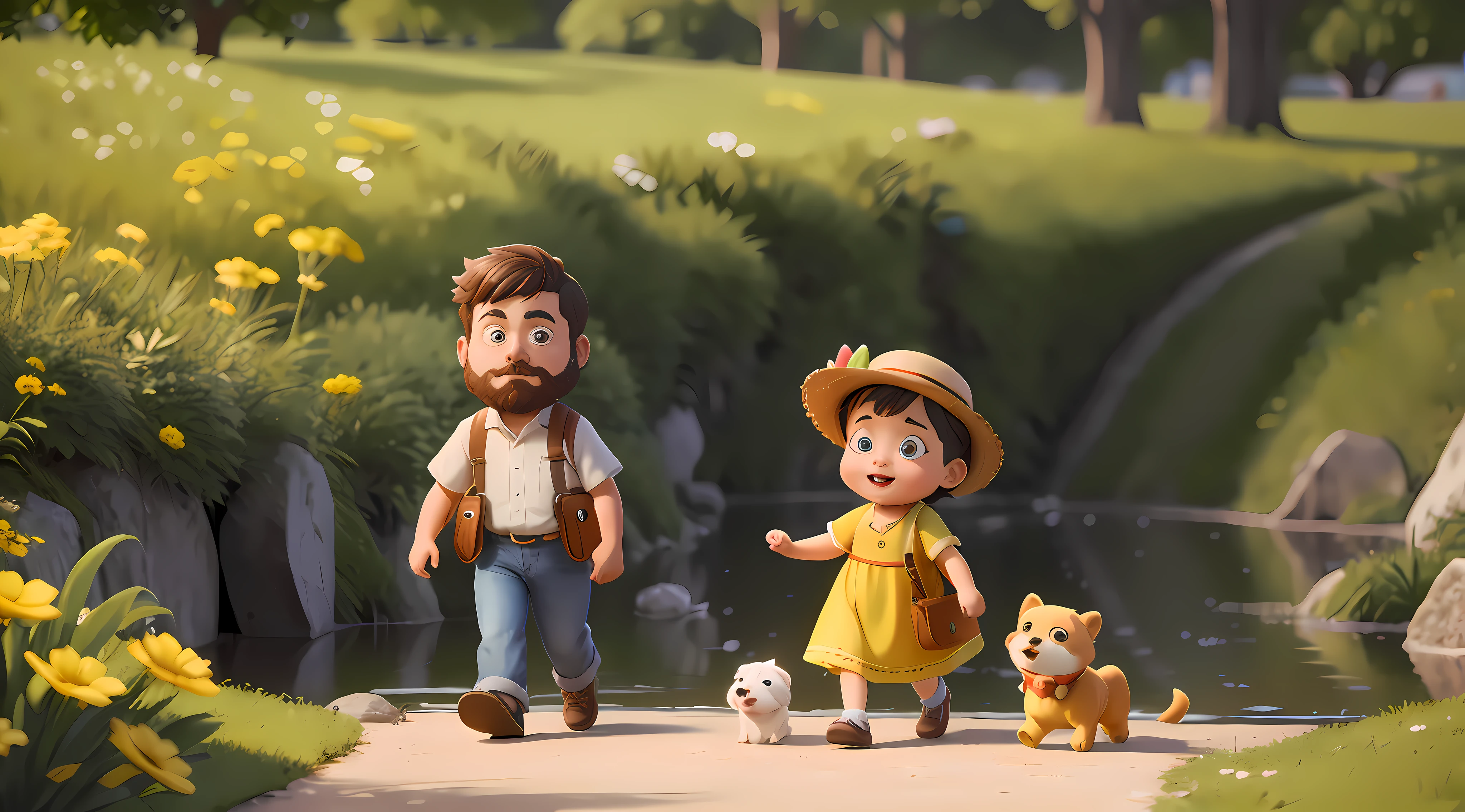 There are two cartoon characters walking down a side road with their dogs, cute 3 d render, childrens art in artstation, 3D characters, lovely digital painting, animation style render, stylized 3d render, 3 d render stylized, 3 d animated movie, animated movie still, Animated Movies, Cute detailed digital art, animated movie still, animated still, 3 d desenho animado