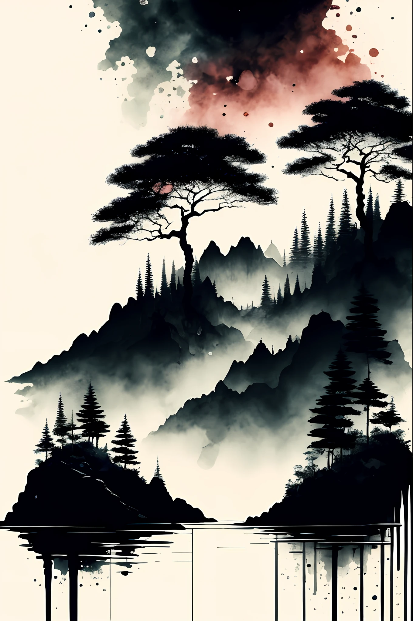 paisagem, tinta, water, trees and lightning from a clear sky