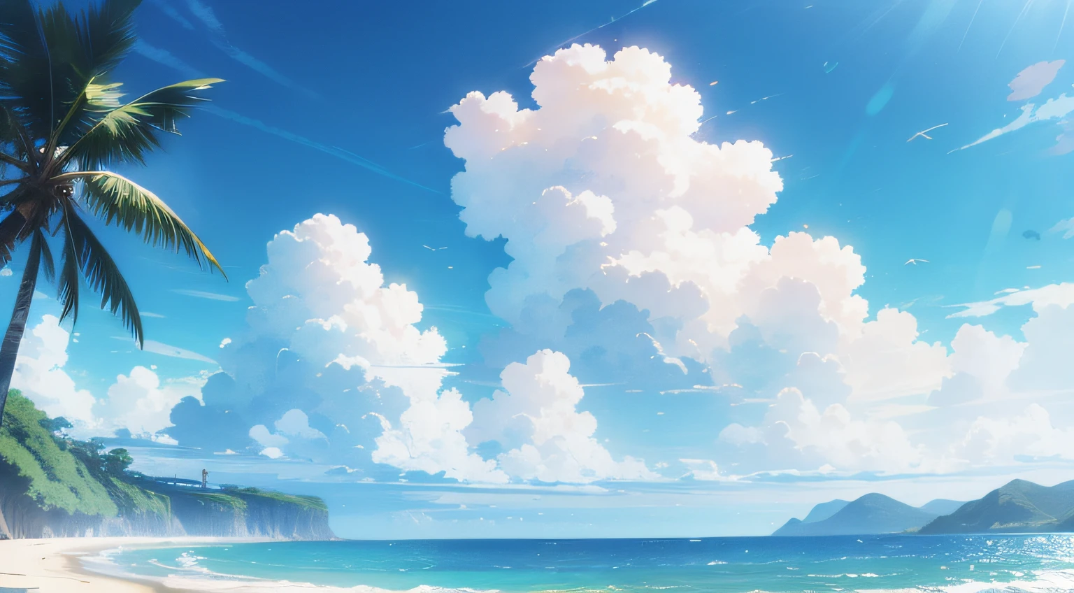 anime beach scenery, summer theme, anime summer, wide shot