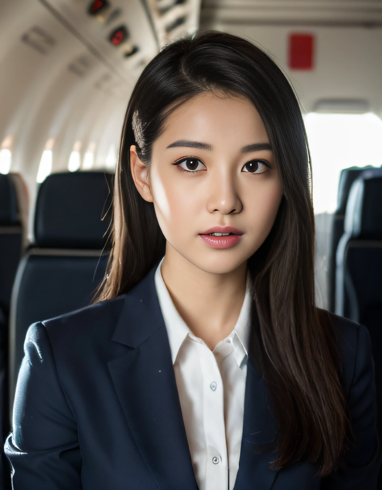 best quality, masterpiece, 8k, ultra high res, (photorealistic:1.4), highly detailed, intricate detail, delicate and beautiful, good lighting, professional lighting, sharp focus, detailed shadows, exquisite details and textures, depth of field, unity 8k wallpaper, cinematic composition, cinematic lighting, official art, Cabin Crew, flight attendant, black pantyhose, (aircraft, (Aircraft Corridor), Aircraft seats) beautiful elegant face, detailed face, detailed eyes, realistic hair, long hair, (1girl), (standing:1.3),