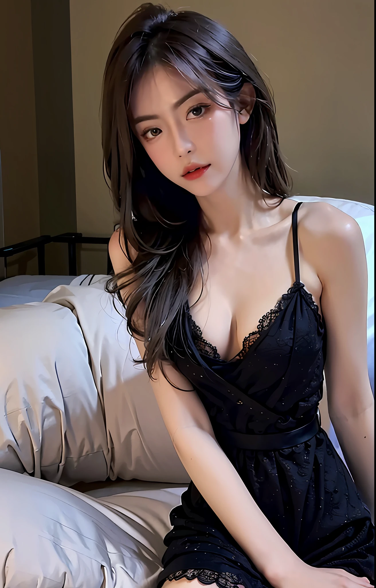 Best quality, masterpiece, ultra high res, (photorealistic:1.4), raw photo, 1girl, ((black lace nightgown)), ((small breast)), cold light