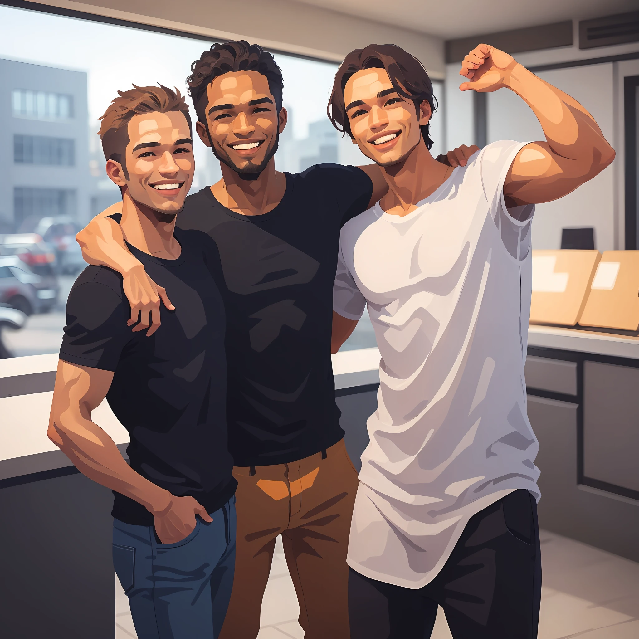 A photo of a group of male friends standing, lado a lado, em uma pose divertida. They're in casual clothes, smiling and showing a friendly connection between them.