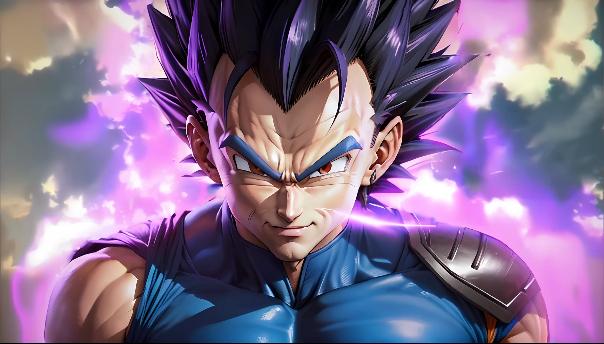 Dragon Ball, Prince Vegeta real human realistic 8k hd , purple lilac eye, mischievous smile, Camisa azul rasgada, Vegeta humano , with purple lilac hair, Vegeta humano, transformando-se em sua forma final, Dragon ball super, Wild Hair Saiyan spiky lilac hair, indo super saiyajin, Super Saiyajin, menacing pose, Dragon ball z, Dragon ball, marvelous expression, musculoso