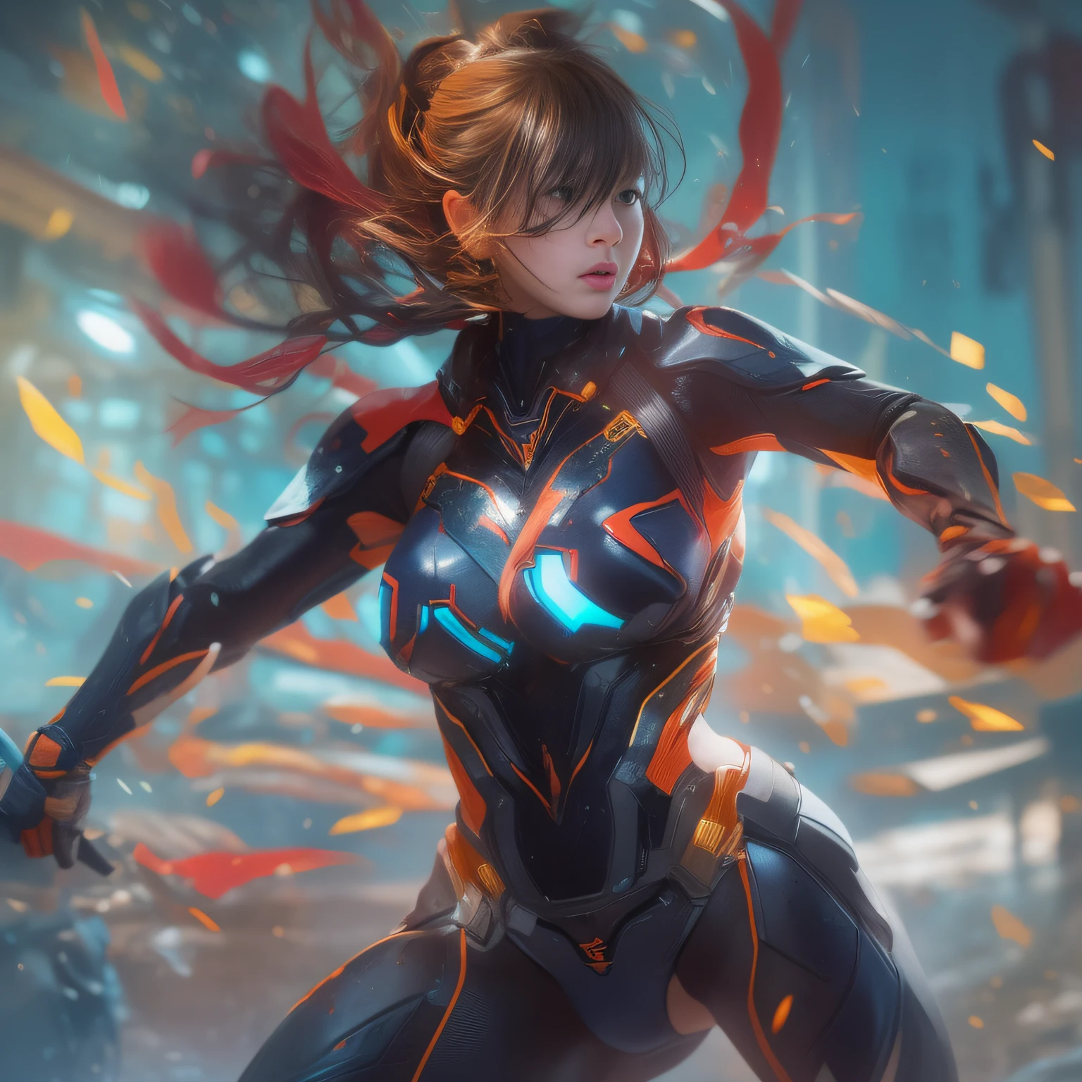 1girl in, 20yr old、Contemporary art, action painting, Alfonse Mucha, Impressionism, spark of light, Motion Blur, Cinematic lighting, Backlighting, nffsw, Anatomically correct, Textured skin, high details, awardwinning, 4K、 (Depth Fields:1.3)、(Clean face)、big eye、Unevenness of the skin、Kamen Rider Suit、Red、Black、amarelo、cyan colors、(Female Hero Suit)、perfectly proportions、Perfect makeup、爆乳、big breasts thin waist、nabel、Enhanced buttocks、thighs thighs thighs thighs、The navel and thighs are raw、tense look、action、profetional lighting、