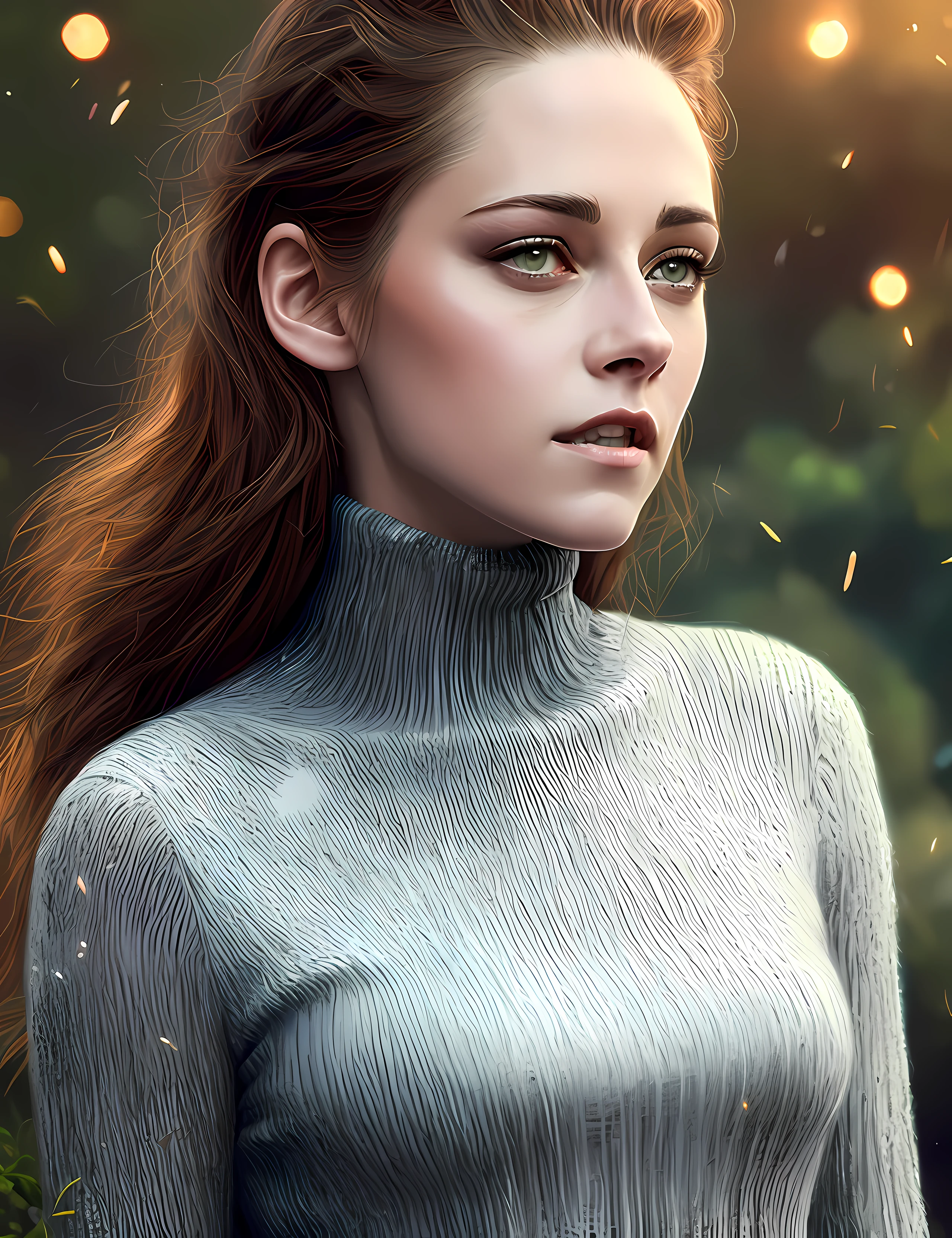 photo of extremely sexy (kr1st3nst:0.99), Kristen Stewart, a woman as a sexy movie star, (((closeup portrait:1.2))), modelshoot style, (extremely detailed CG unity 8k wallpaper), photo of the most beautiful artwork in the world, professional majestic oil painting by Ed Blinkey, Atey Ghailan, Studio Ghibli, by Jeremy Mann, Greg Manchess, Antonio Moro, trending on ArtStation, trending on CGSociety, Intricate, High Detail, Sharp focus, dramatic, photorealistic painting art by midjourney and greg rutkowski, (tight long turtleneck dress:1.2), ((in a lush garden)), (high fantasy), (looking at viewer:1.2), (detailed pupils:1.3), (magic sparks:1.1), (fireflies:1.1)