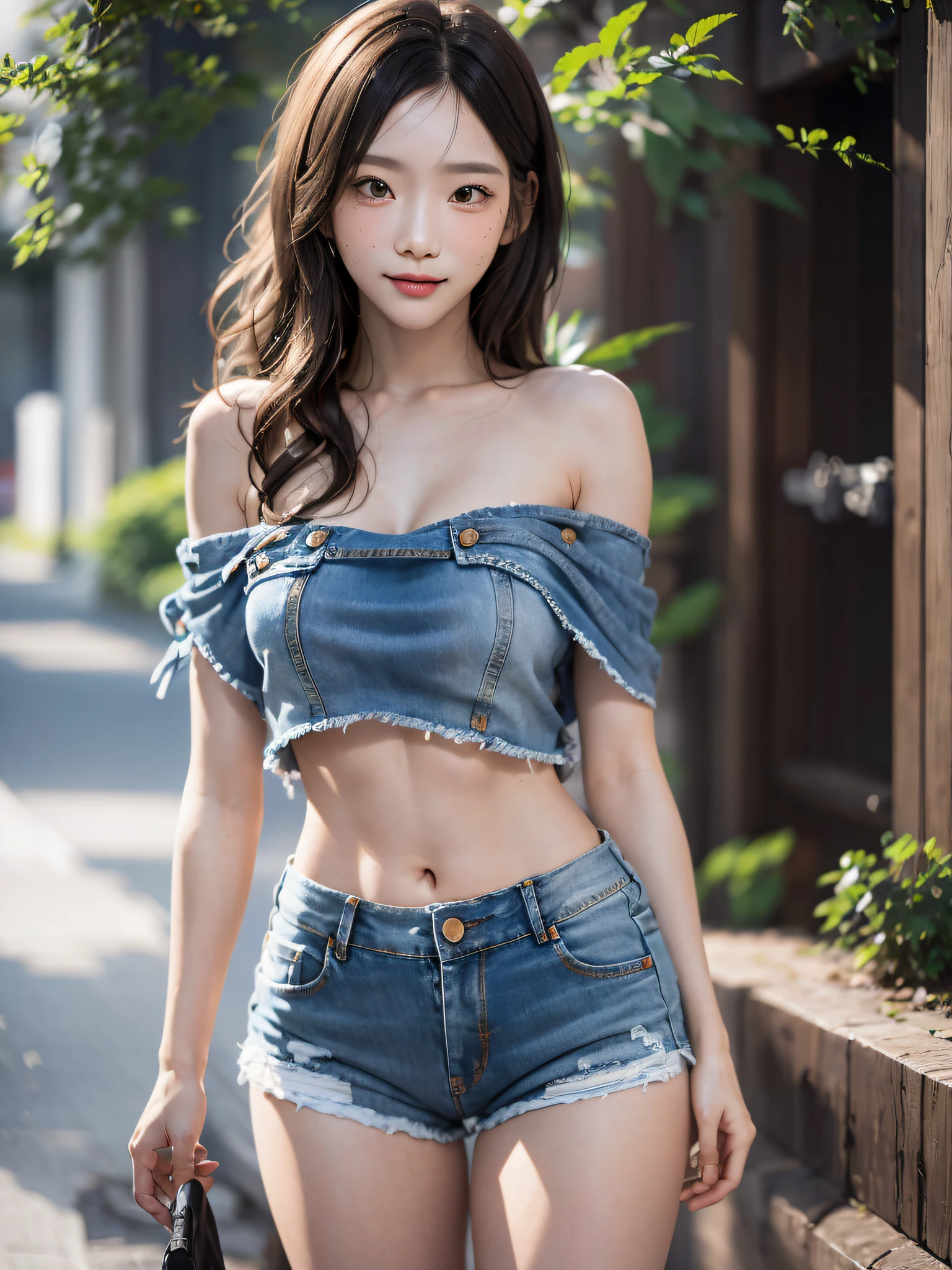 film photography, 1girl, t-shirt, denim shorts, standing, seductive smile, medium breast, full body, drunk blush:1.5, black wavy shoulder-length hair, serene, calm, (realistic detailed eyes, natural skin texture, realistic face details), soft dramatic lighting, depth of field, bokeh, vibrant details, finely detailed, hyperrealistic