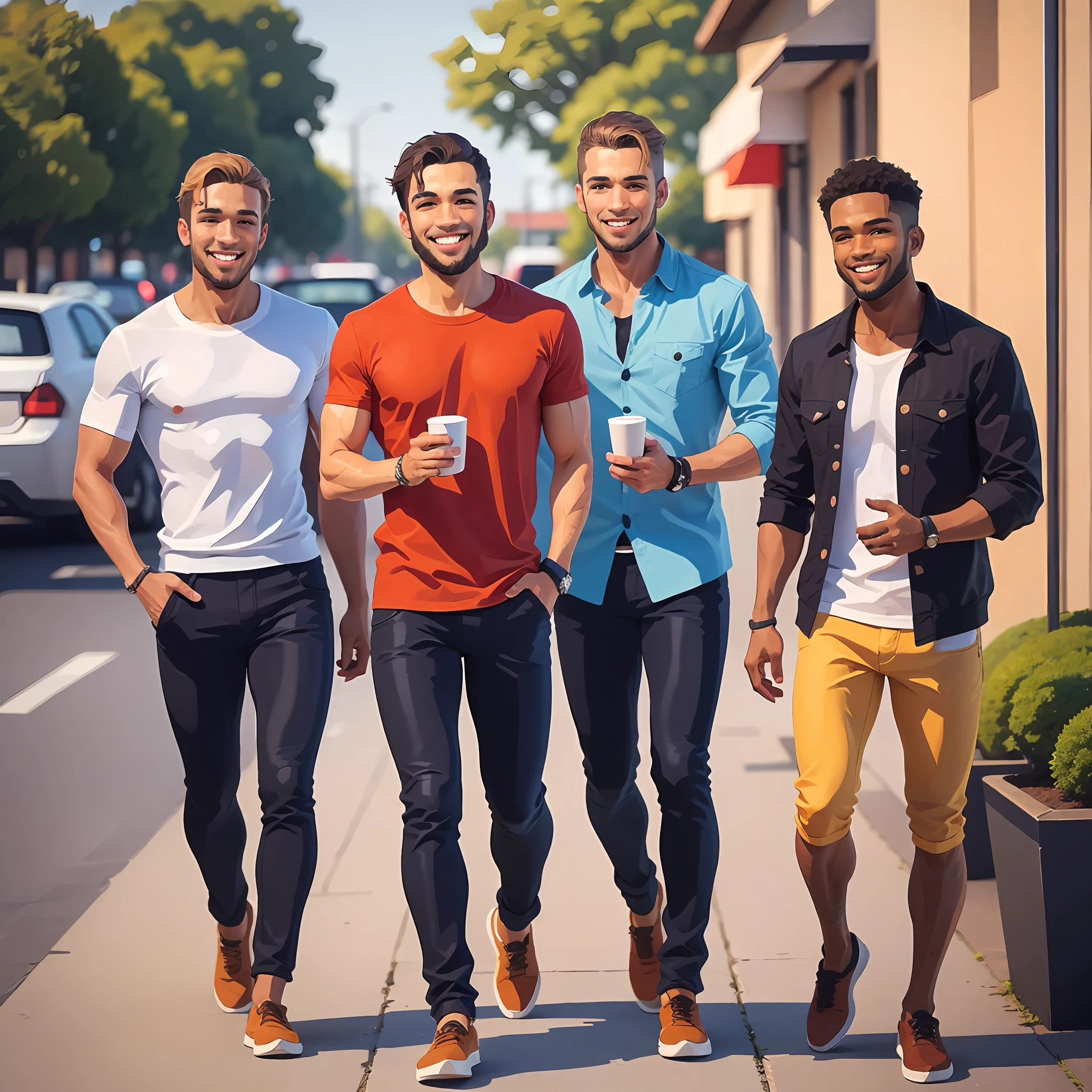 A photo of a group of 4 male friends standing, lado a lado, em uma pose divertida enfrente a uma cafeteria. They're in casual clothes, smiling and showing a friendly connection between them.