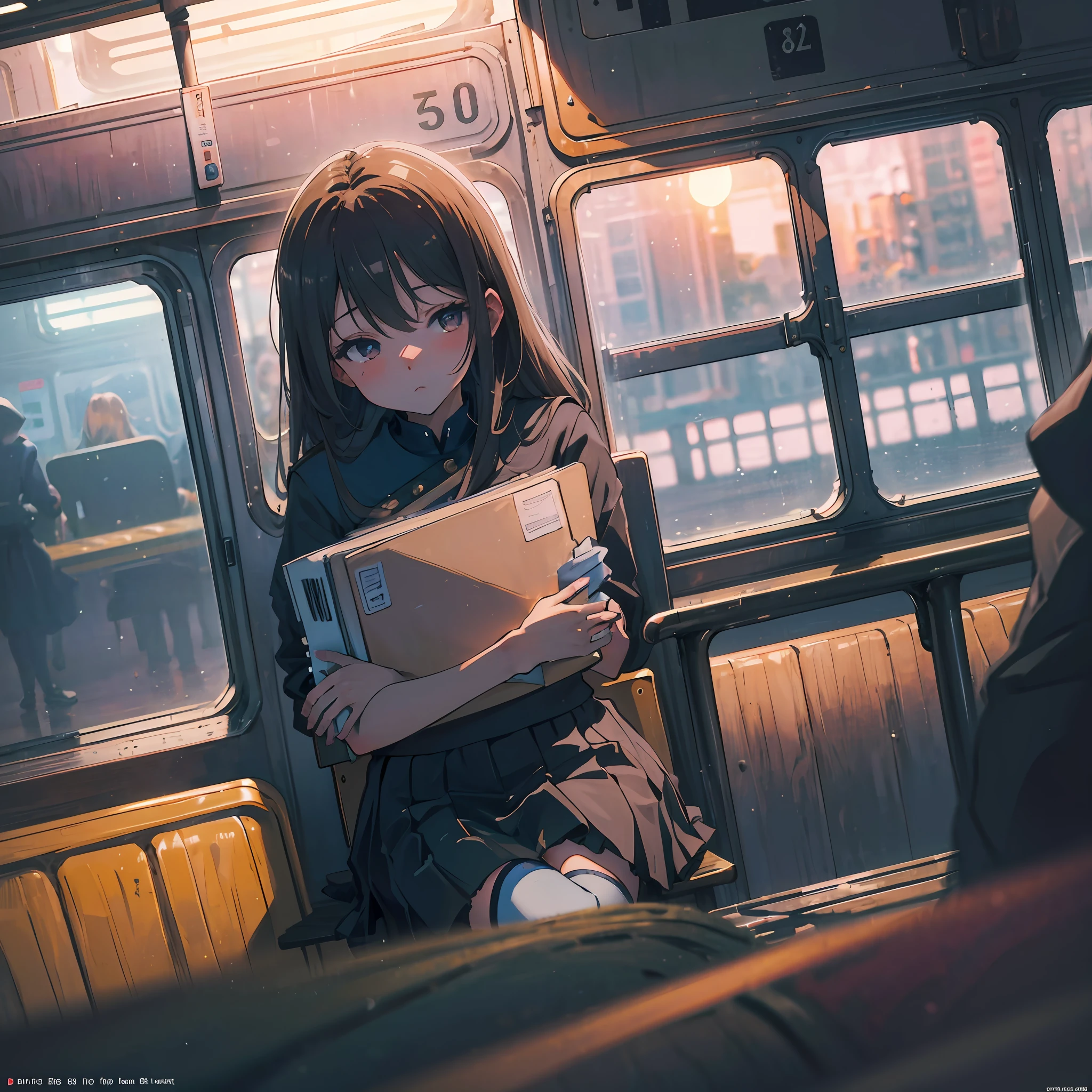 “(tmasterpiece,k hd,hyper HD,4K)brunette color hair,14 year old anime girl,Uniform skirts,emphasizing thighs,whitethighhighs,soft thighs,Glossy thighs,Sitting on the train,Face-to-face perspective,(From the angle below),sitting in the train seat,sitting in front,Crotch zoom camera,Feet on the train floor,full bodyesbian,Head down and sleepy-eyed,looking at the viewer only", best qualtiy, hyper HD, (realisticlying:1.4) A high resolution, the detail, RAW photogr, Rich colors, Dramatic lighting, Unreal Engine Art Station Trend, cinestir 800, --auto
