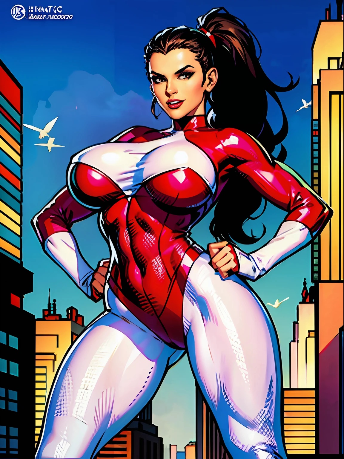 1girl, sexy pose, posing for cameras, hands on hips, Stretcher the busty comic book woman, happy, smiling, stretching, hand on hip, long hair, huge ponytail, slim, thin, athletic, womanly, rubbery, elastic woman, white and red spandex, rubber body, brunette, ((huge breasts)), city, heroic, cheerful, (bold nose, hawkish facial features), (journalists in background),