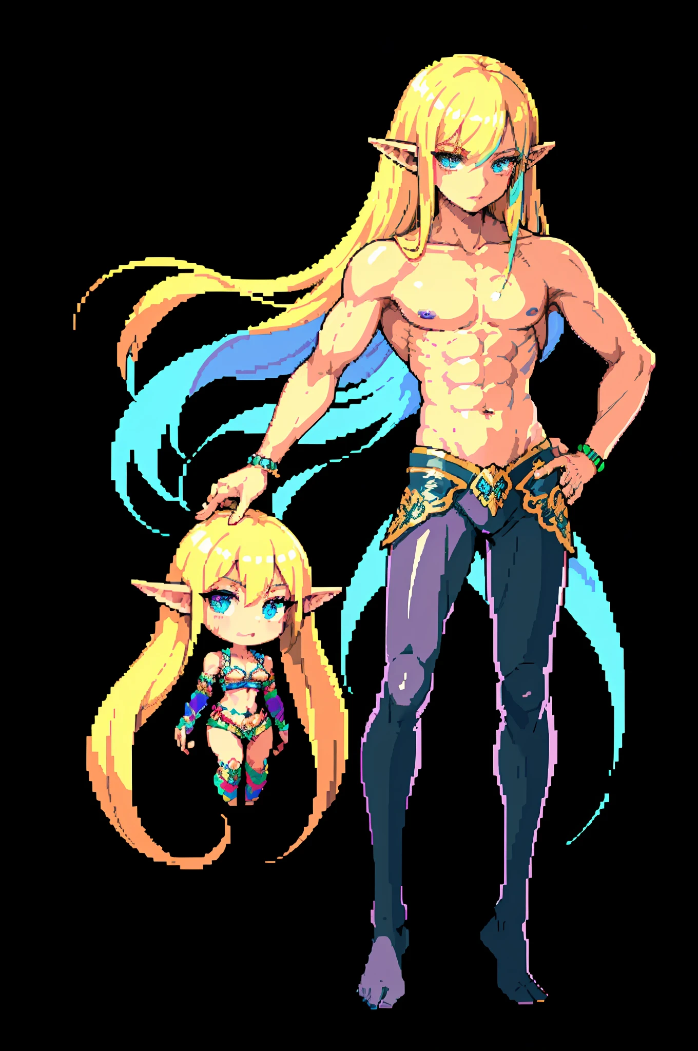 （tmasterpiece，top Quority，best qualtiy），pix，pixelart，the elf，full bodyesbian，Dark Elves，Abs，male people