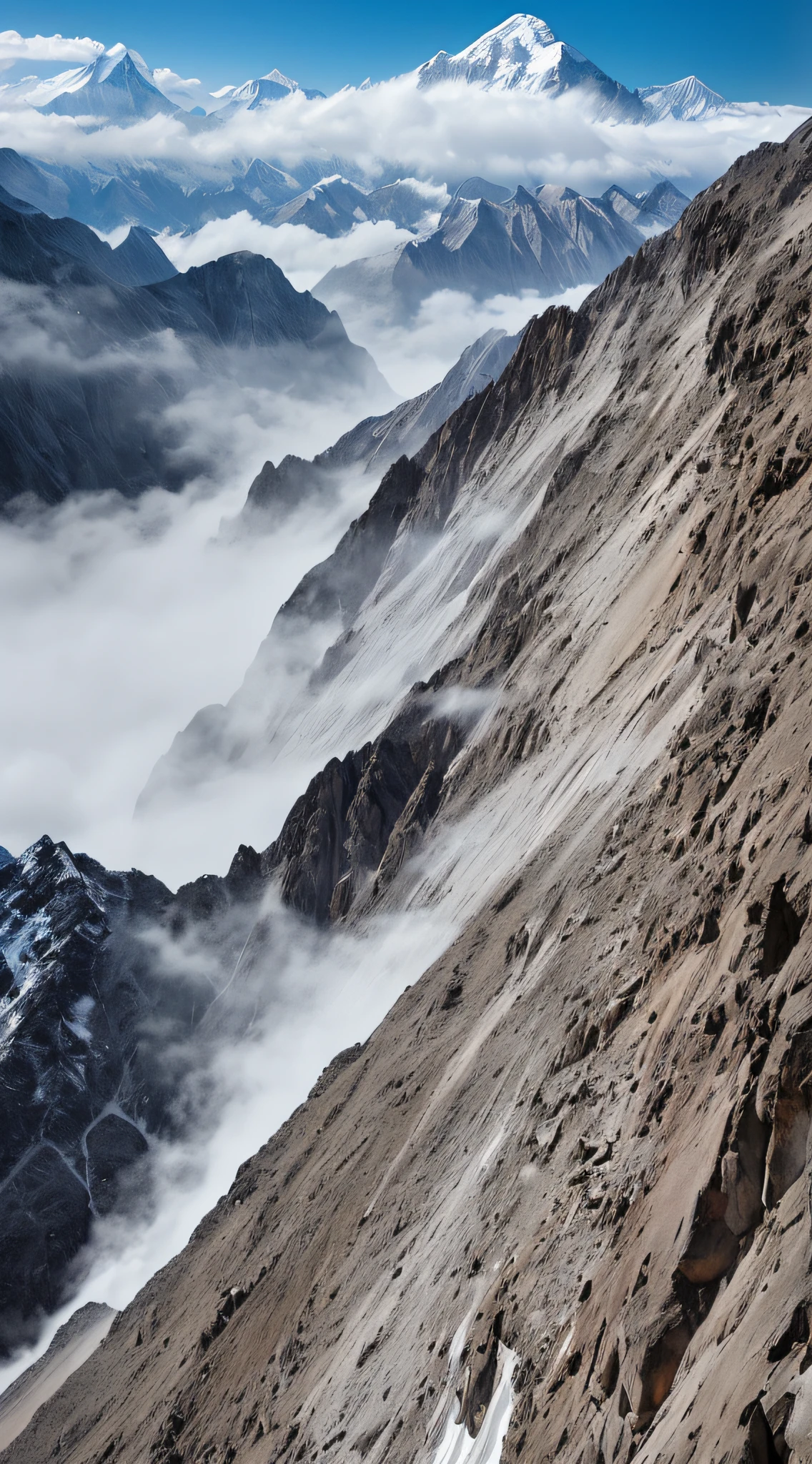 a wide breathtaking portrait wallpaper of a tall mountain climber climbing on K2, Pakistan scenery, (Skardu:1.2) RAW, drone shot, wide shot, fog, helicopter shot, phone wallpaper,
