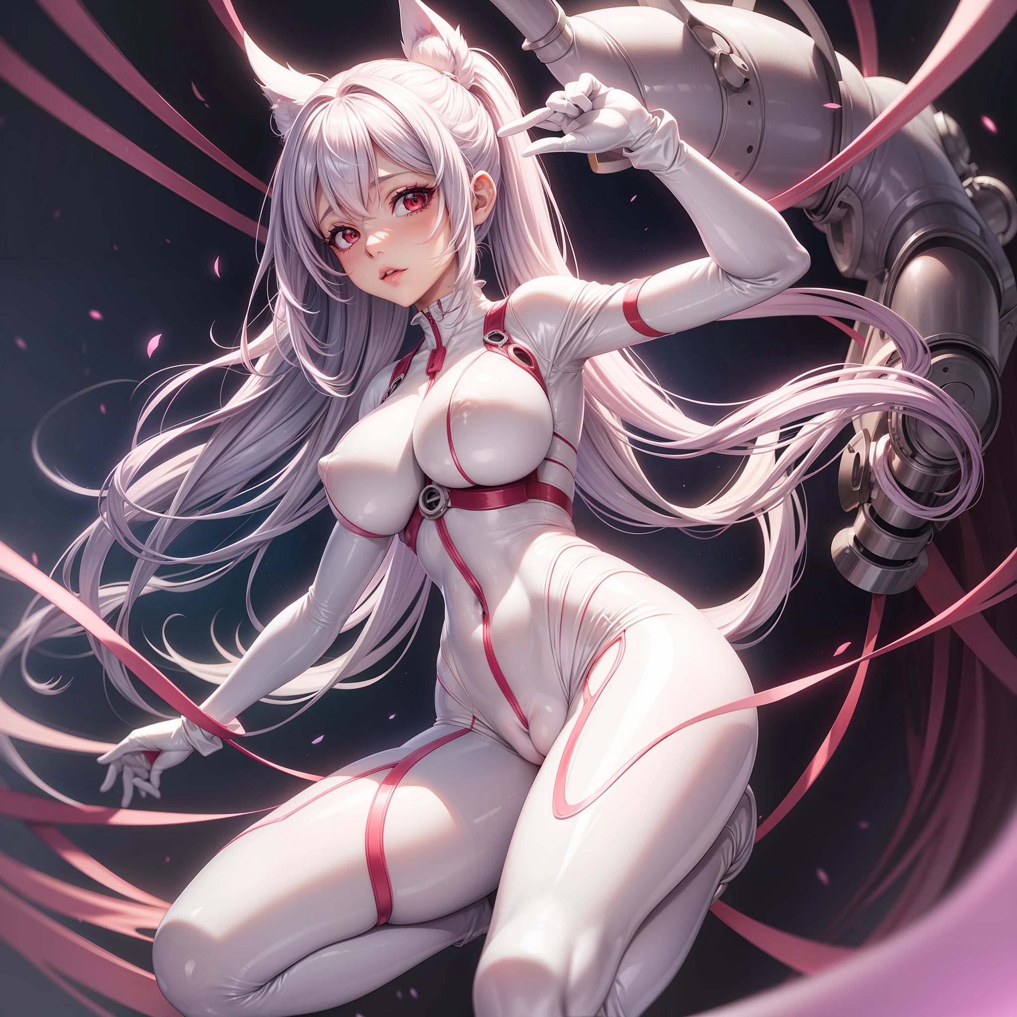 1 woman, Beautiful japanese, big eyes, red eyes, translucent white plugsuit, light purple hair, hi quality, full body, latex suit, detailed lips, perfect anatomy, detailed face, ((cameltoe))