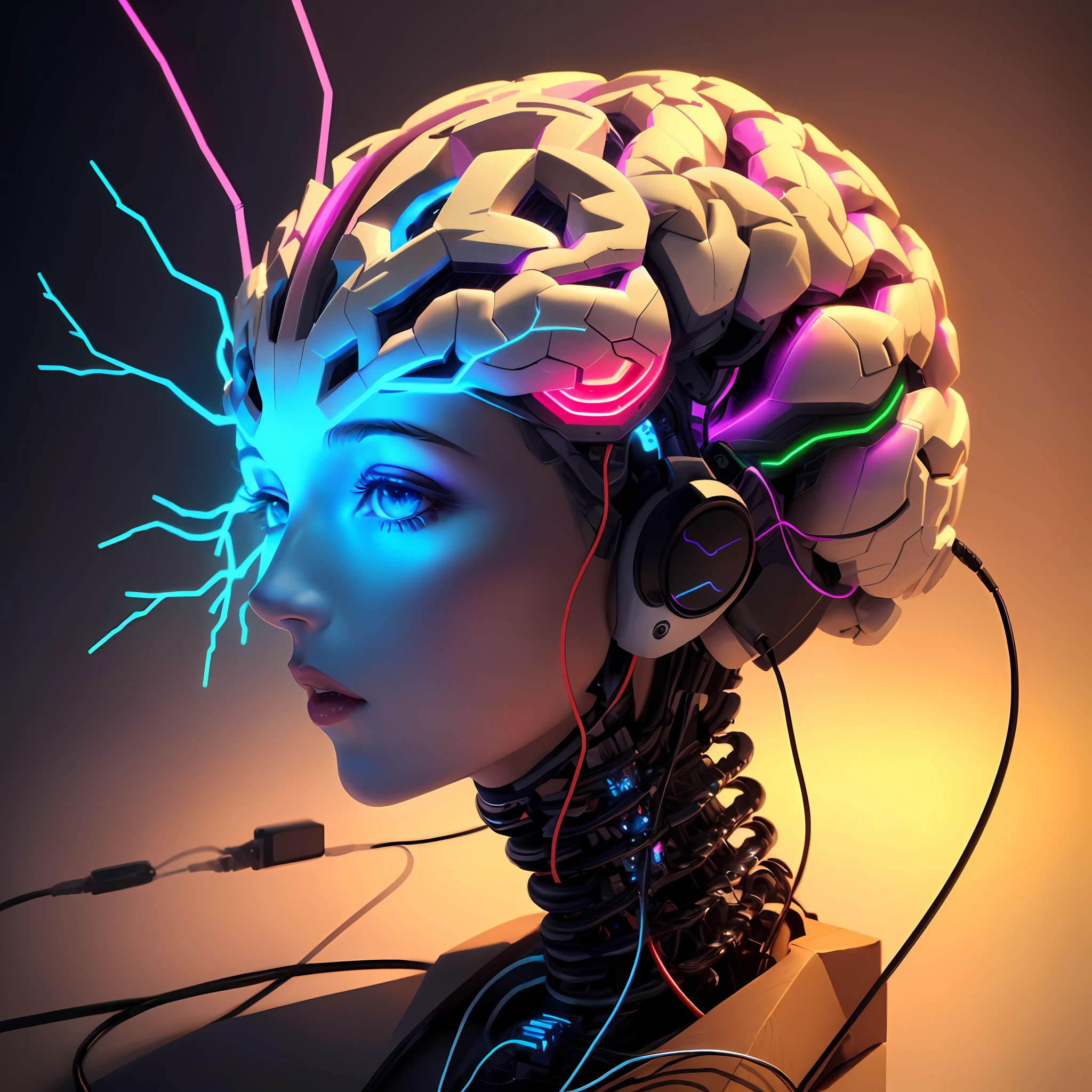 There's a woman with headphones and a brain model, electronic brain, ciborgue - menina, cybernetic head, mulher ciborgue, menina ciborgue, uma imagem de um belo ciborgue, psychedelic organic cyborg, perfect cyborg female, menina bonita ciborgue, transumano intrincado, strong artificial intelligence, Cybernetic Machine Female Face, artificial consciousness, interface cerebral, Ciborgue Aumentado