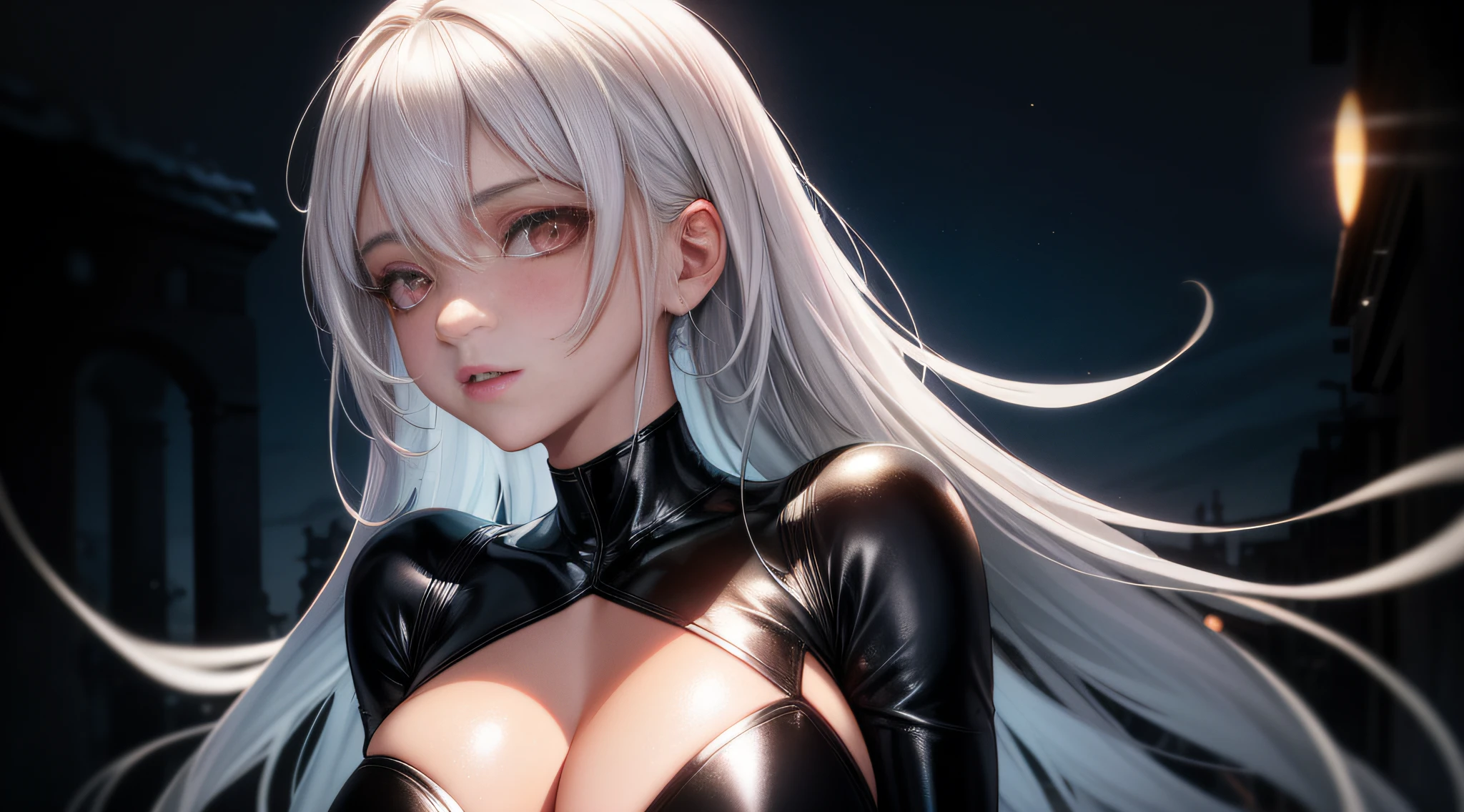 Best quality, super high resolution, white hair, glowing eyes, black leotard, cropped top, facial details, shiny skin, puffy eyes, parted lips, blushing, night, ruins, sun, sunlight, cleavage, slightly fat