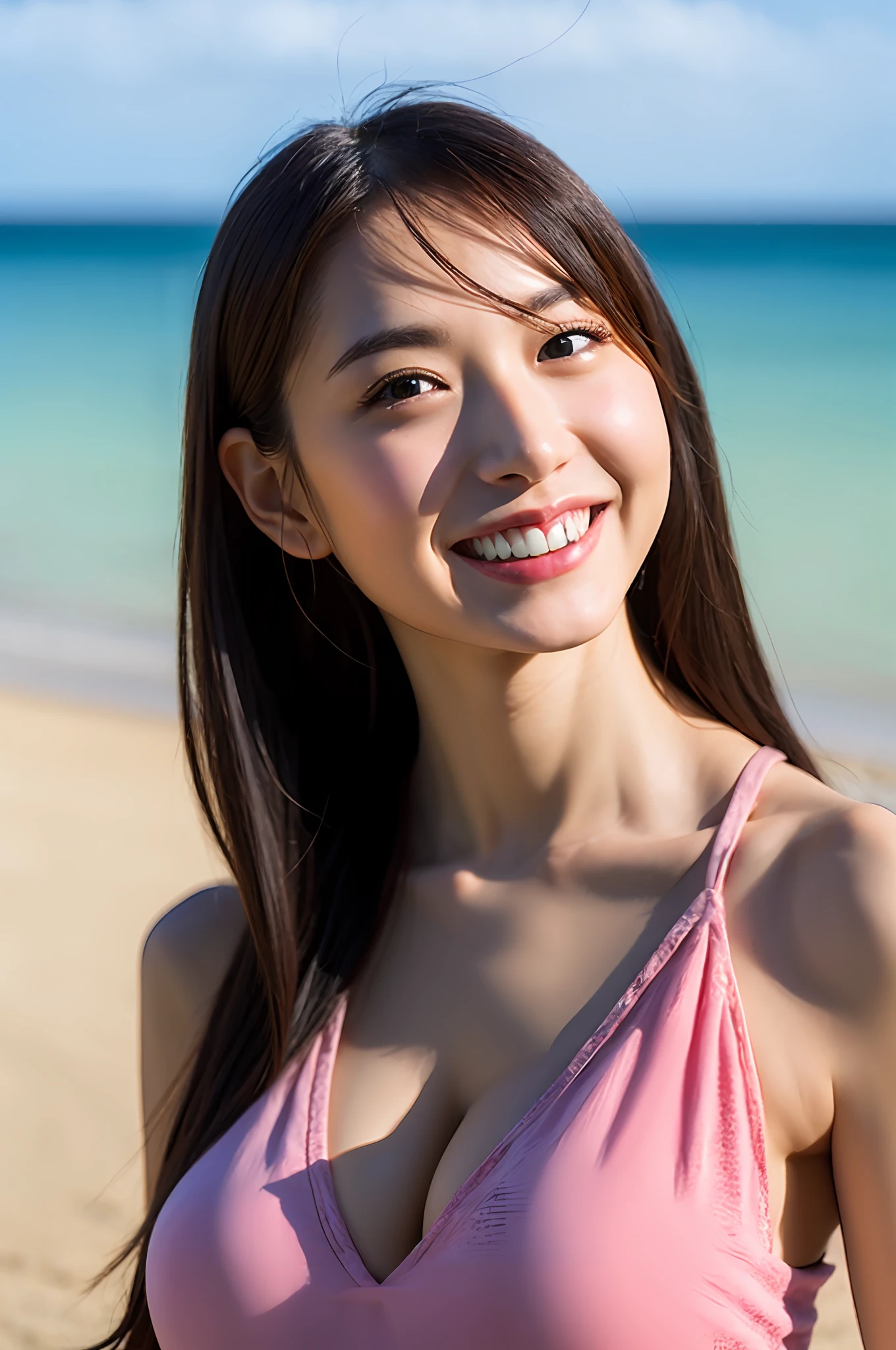 beautiful japanese female、large full breasts、top-quality、masterpiece、超A high resolution、Photorealsitic、Look at the horizon、A smile