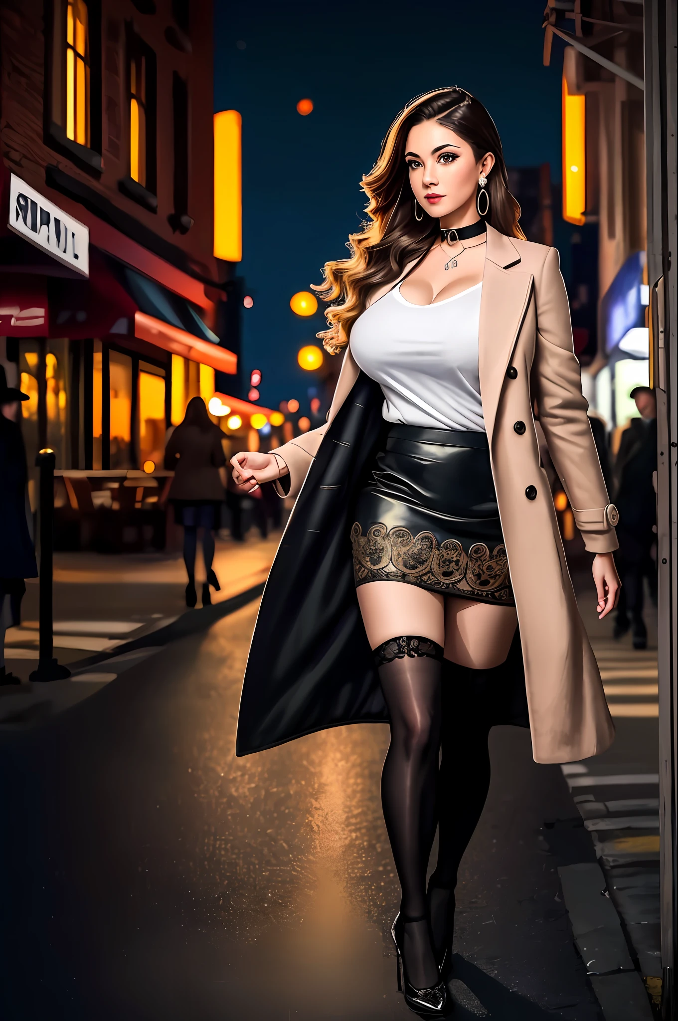 (masterpiece:1.3), (best quality:1.2), (intricate detailed:1.2), (hyperrealistic:1.2), (professional photograpy:1.1), highly detailed, illustration, absurd res, perspective, detailed background, background blur, focus, milf, mature woman, a woman walking sideways of the city at night, dynamic poses, 1girl, long hair, (medium breasts:1.2), perfect hands, detailed fingers, beautiful detailed eyes, perfect eyes, seductive eyes, brown eyes, (casual:1.2), long coat, t-shirt, tight skirt, black choker, earrings, stockings, a city with night view, looking at the viewer, cowboy shot,
a pair of ggx heels,