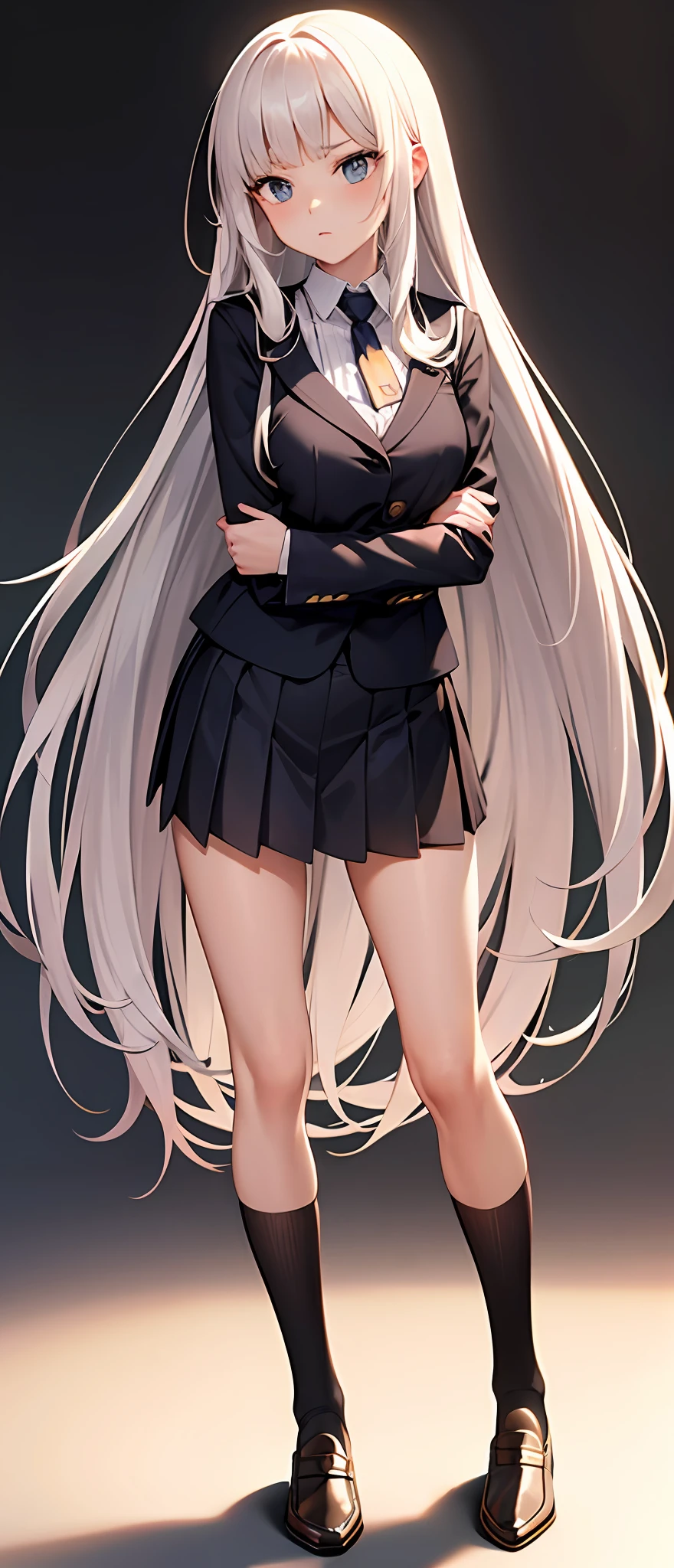 best quality,masterpiece,white background,white shirt,short pleated skirt,whole body,Fair skin,blunt bangs,gladient hair,loosen clothing around the neck,folding arms,look down on,standing up,extremely long hair,spreading hair,ivory hair,spreading legs,loafers,over knee socks,black socks,troll face