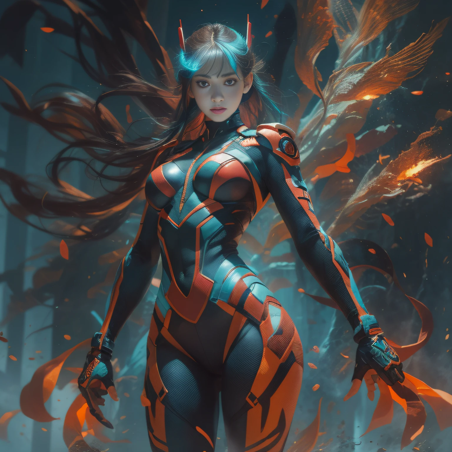 1girl in, Contemporary art, action painting, Alfonse Mucha, Impressionism, spark of light, Motion Blur, Cinematic lighting, Backlighting, nffsw, Anatomically correct, Textured skin, high details, awardwinning, 4K、 (Depth Fields:1.3)、(Clean face)、big eye、Unevenness of the skin、Kamen Rider Suit、red、black、amarelo、cyan colors、(Female Hero Suit)、perfectly proportions、Perfect makeup、爆乳、big breasts thin waist、nabel、Enhanced buttocks、thighs thighs thighs thighs、The navel and thighs are raw、tense look、action、profetional lighting、